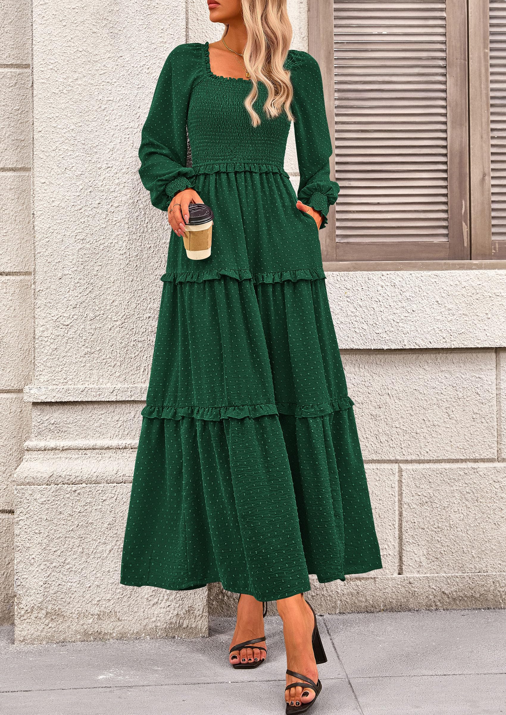 Women's Smocked Long Sleeve Maxi Dress Wedding Guest Dresses