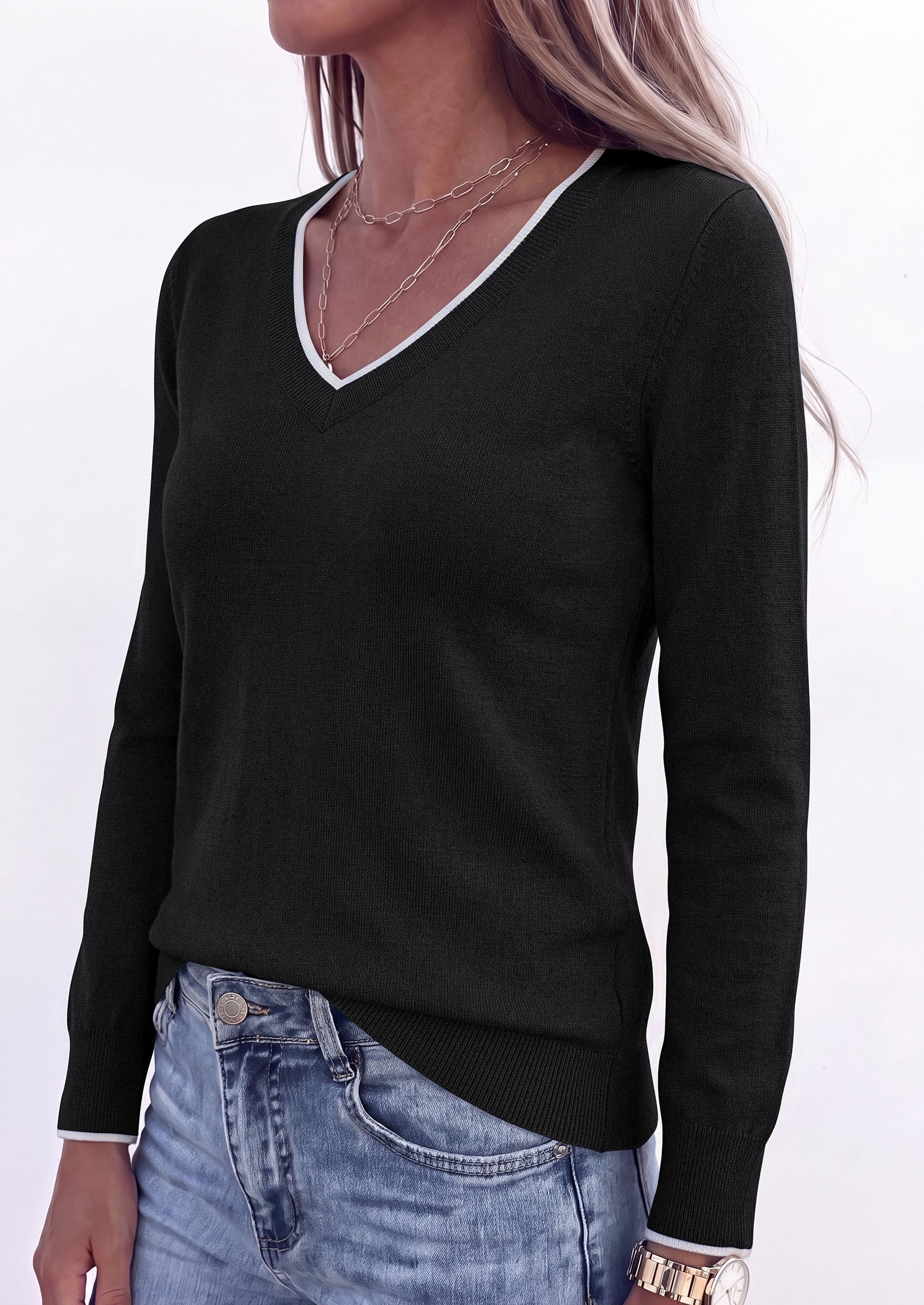 Women's V Neck Sweater Long Sleeve Knit Tops (Black,S)
