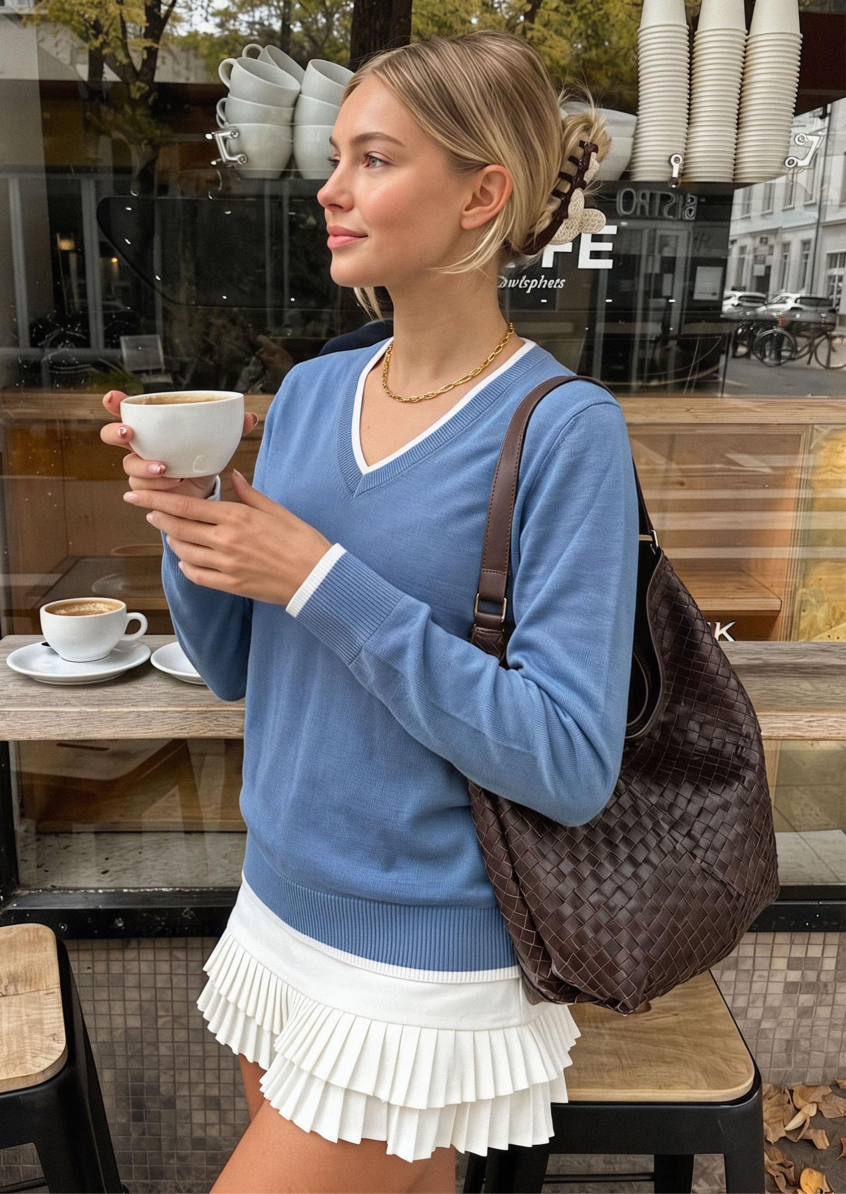 Women's V Neck Sweater Long Sleeve Knit Tops (Grey Blue,S)