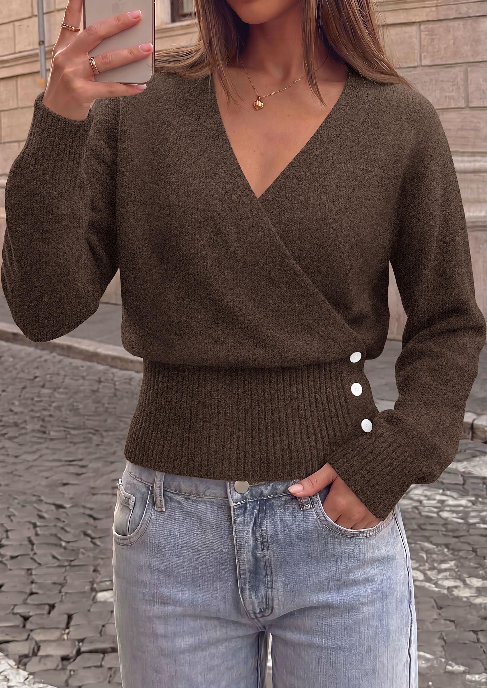 Women V Neck Wrap Sweater Cropped Tops (Brown,S)
