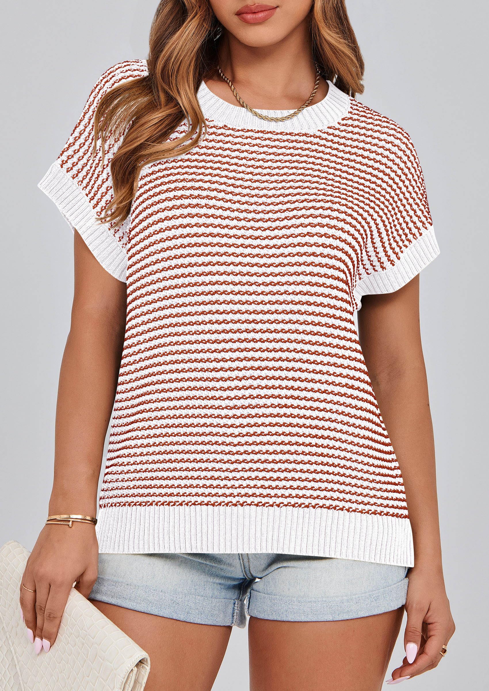 Women's Striped Short Sleeve Sweater Vest Striped White Red,S