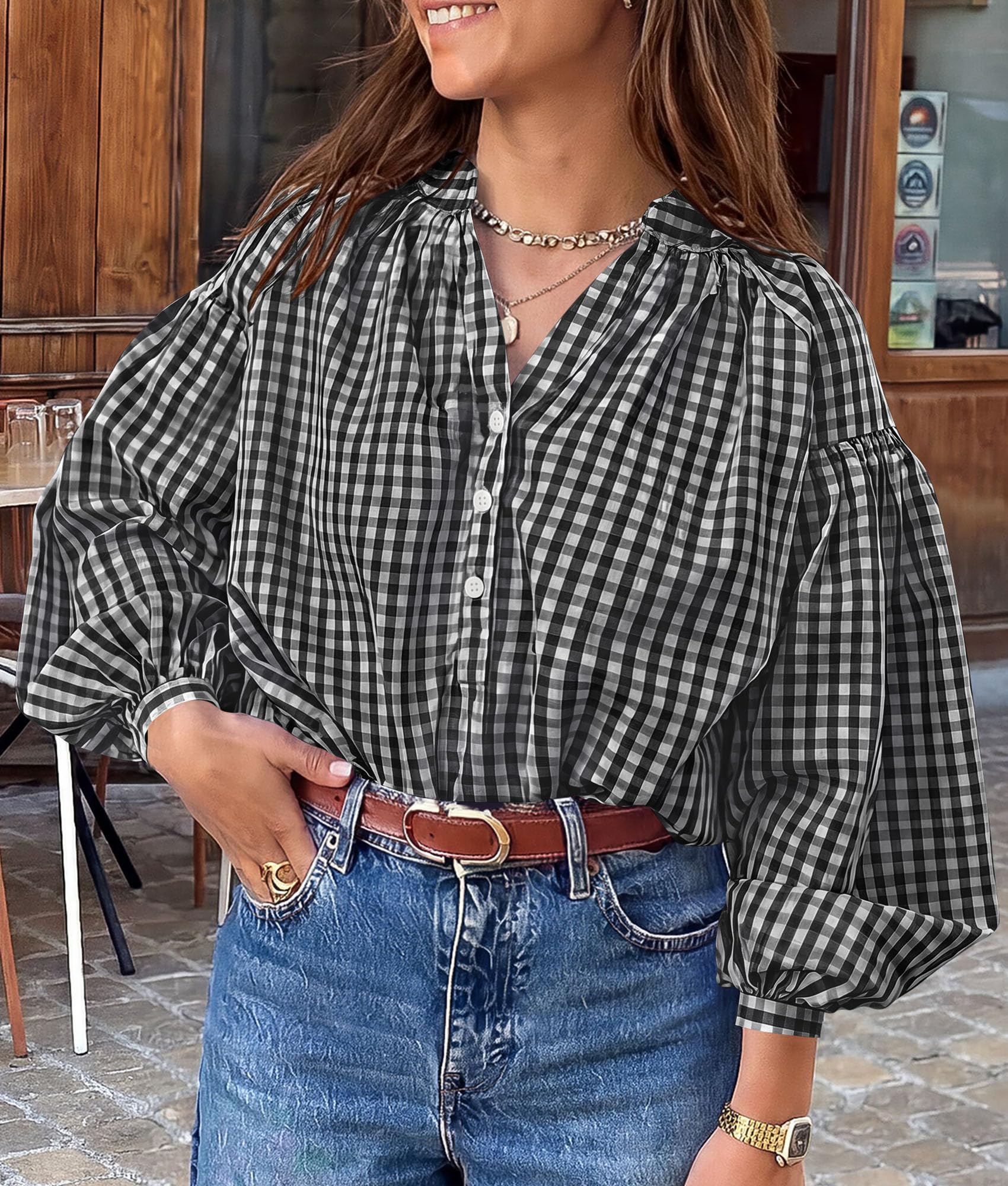 Women Fall Plaid Long Puff Sleeve Shirts V Neck Casual Blouses