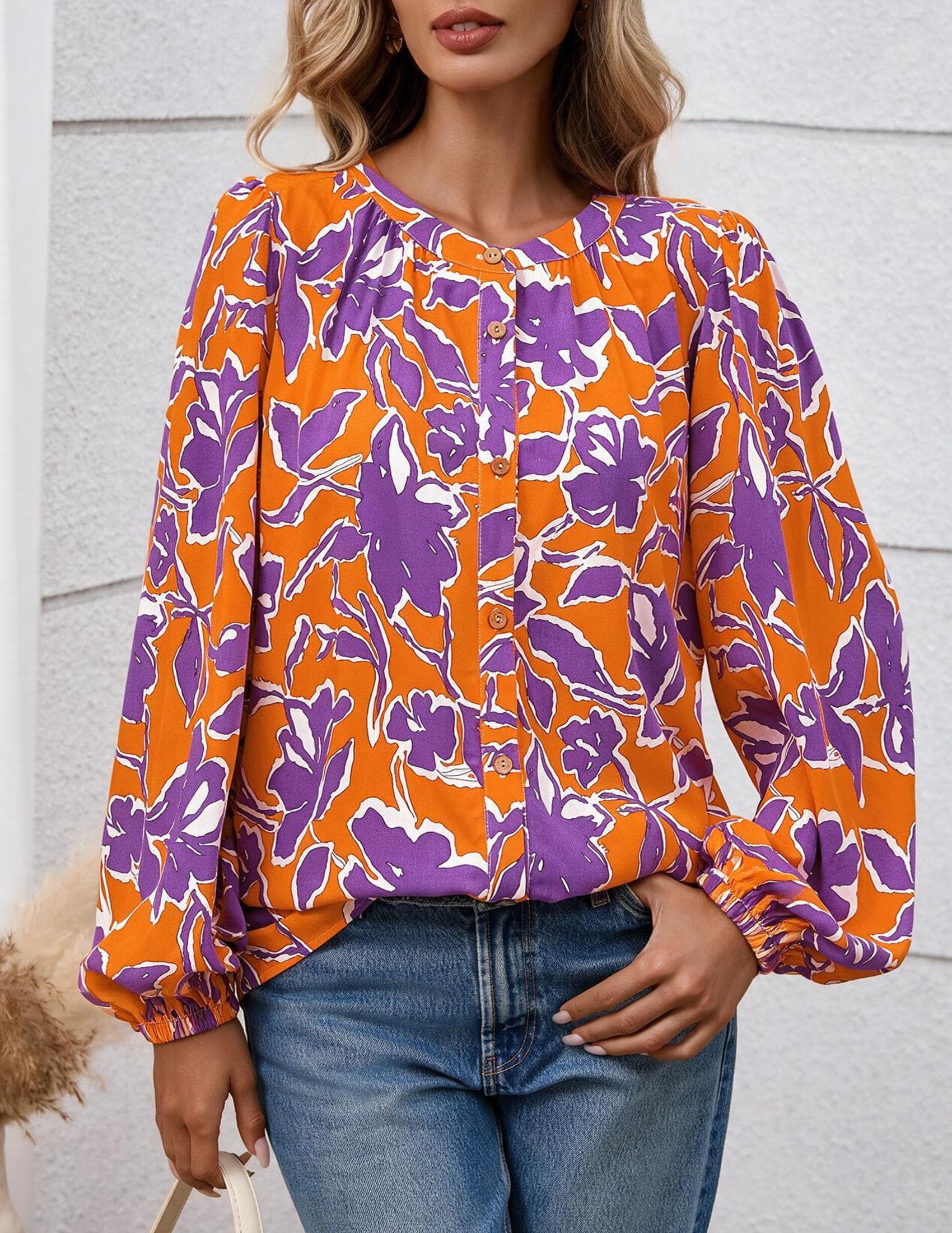 Women's Boho Tops Fall Long Sleeve Button Down Floral Blouses