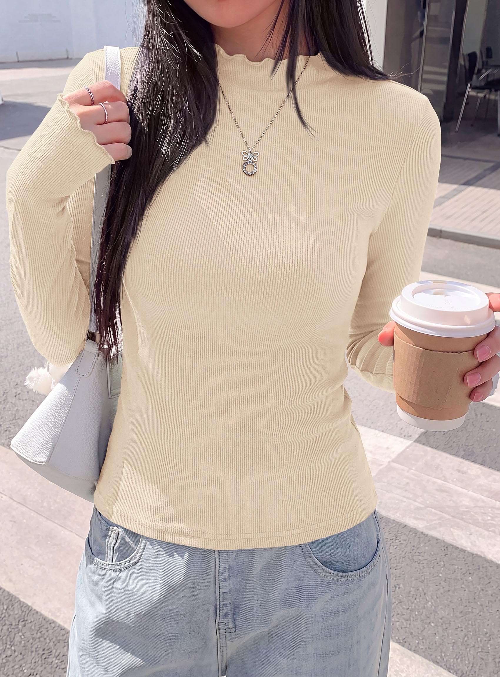 Women's Long Sleeve T Shirts Lettuce Trim Mock Neck Tops Beige
