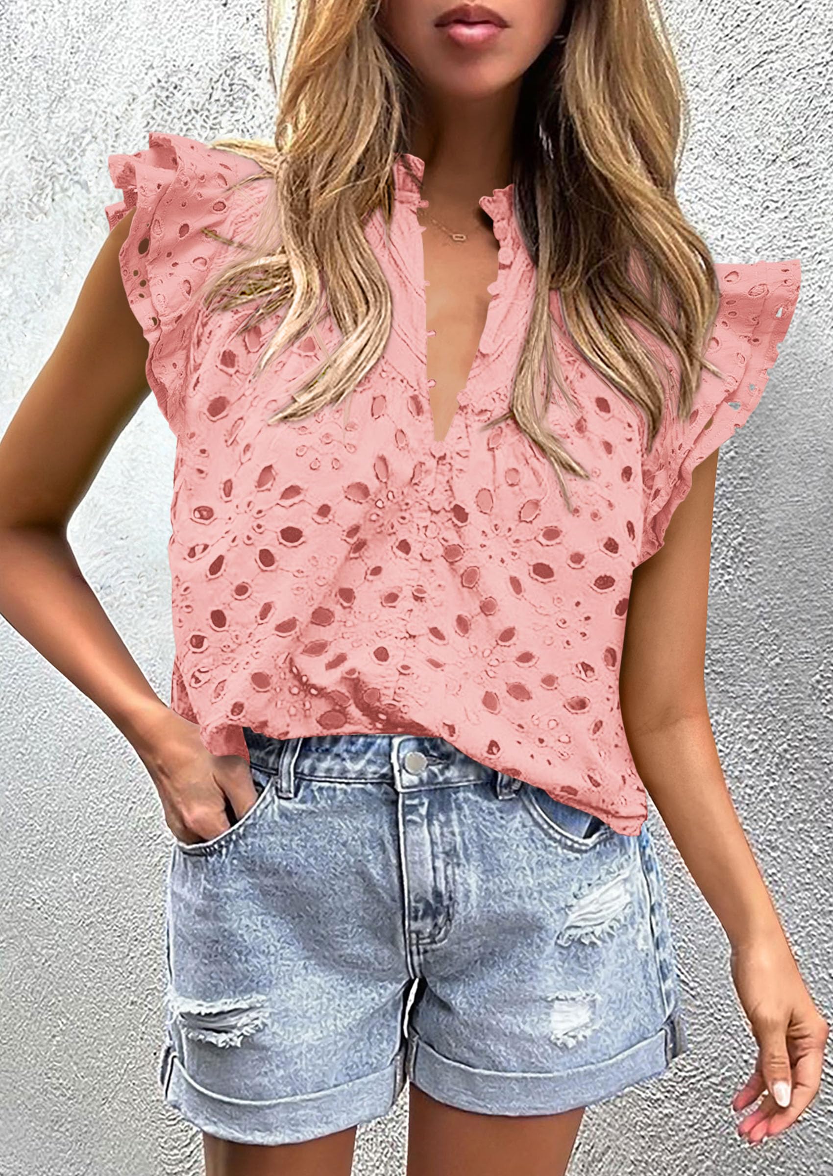 Women's Eyelet V Neck Summer Tops Dressy Casual Pink,S