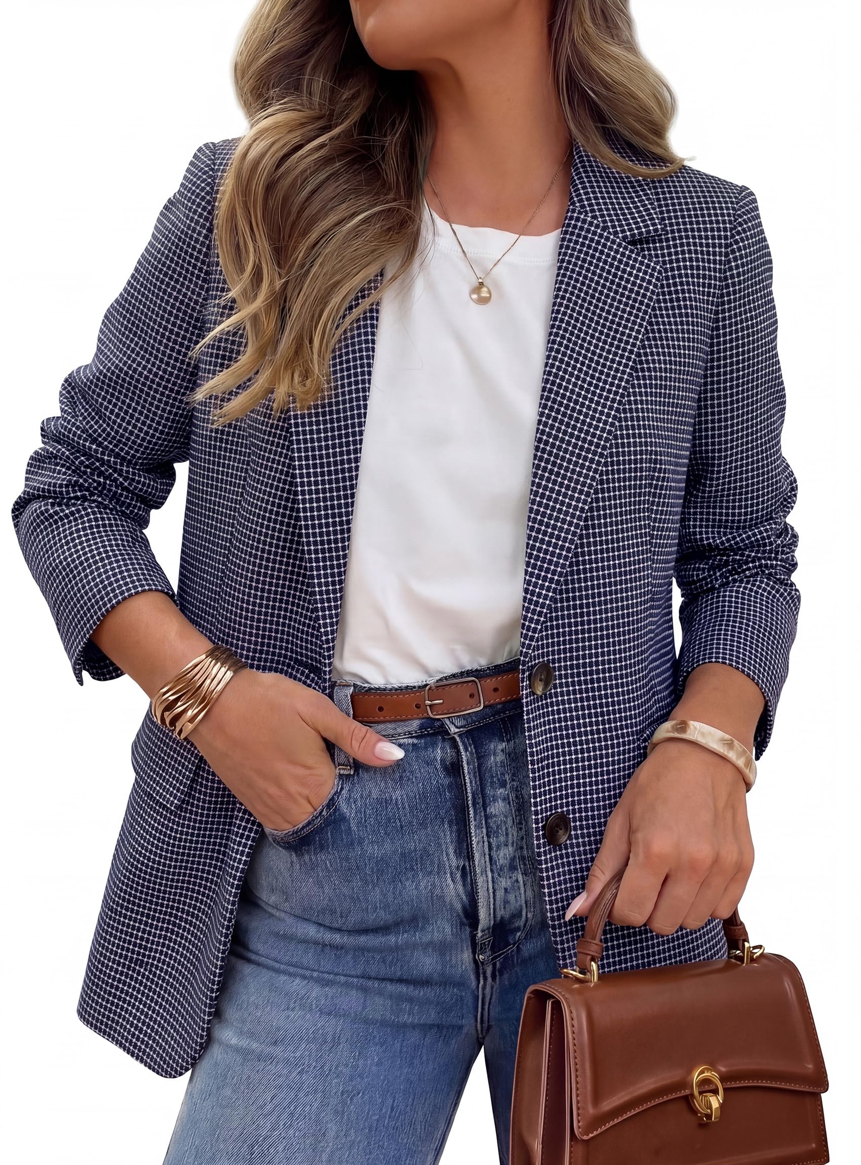 Fall Plaid Blazers for Women Business Casual Navy Blue S