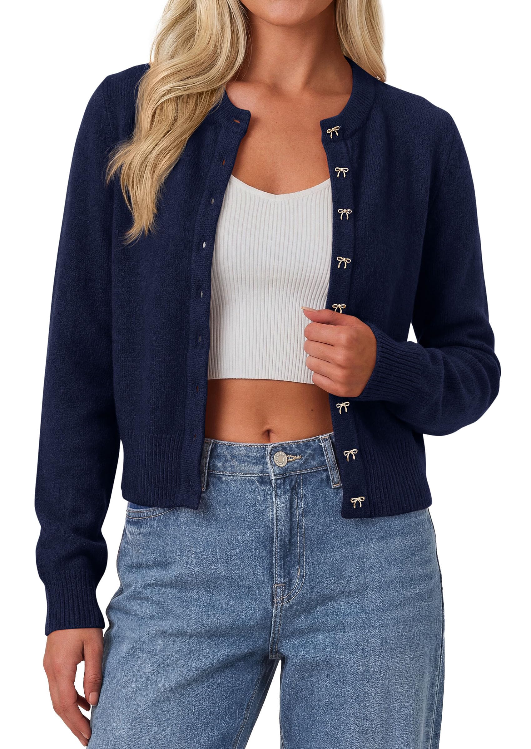 Cardigan Sweaters for Women Cropped Bow Button Up Cardigan
