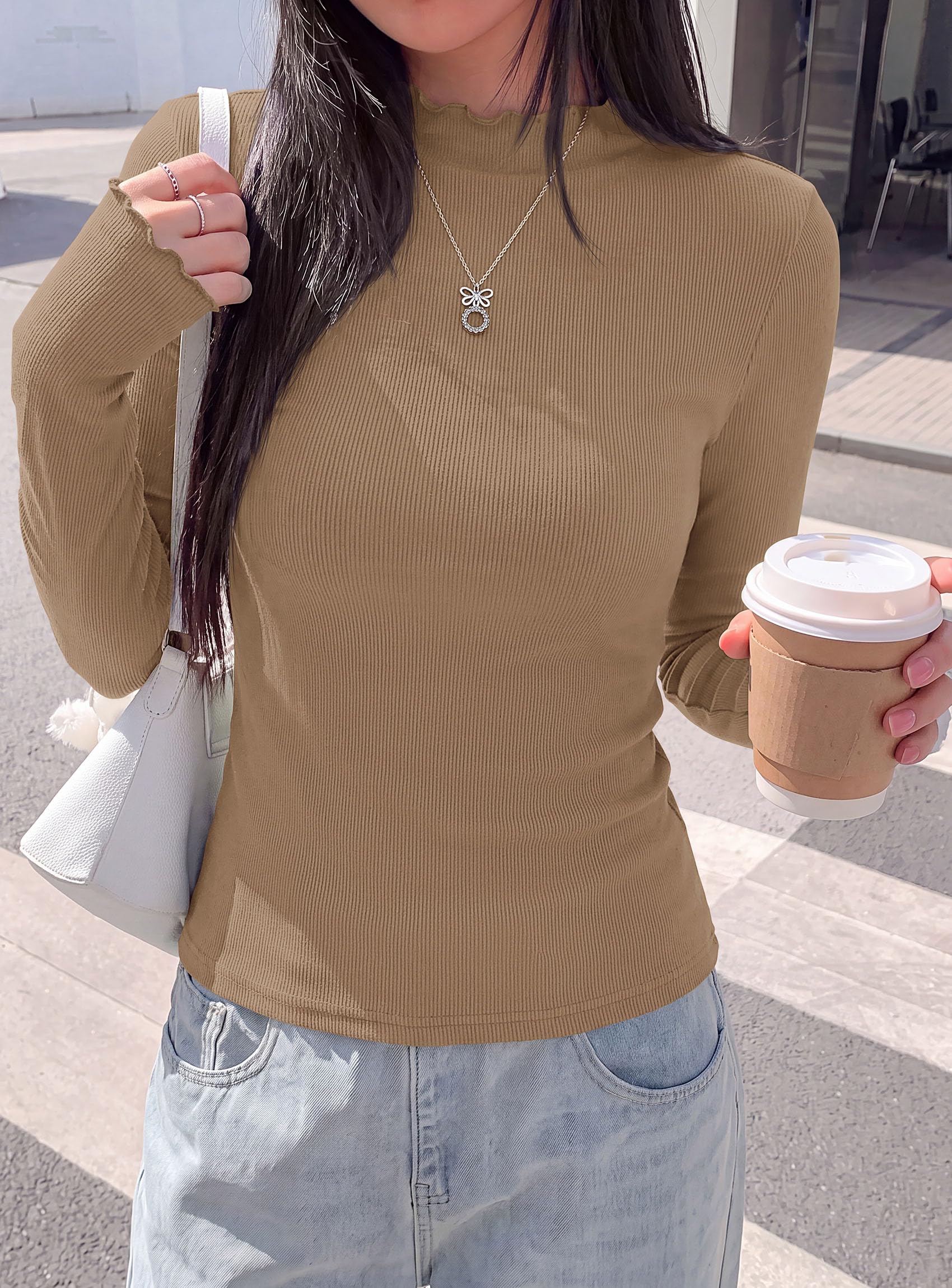 Women's Long Sleeve T Shirts Lettuce Trim Mock Neck Tops