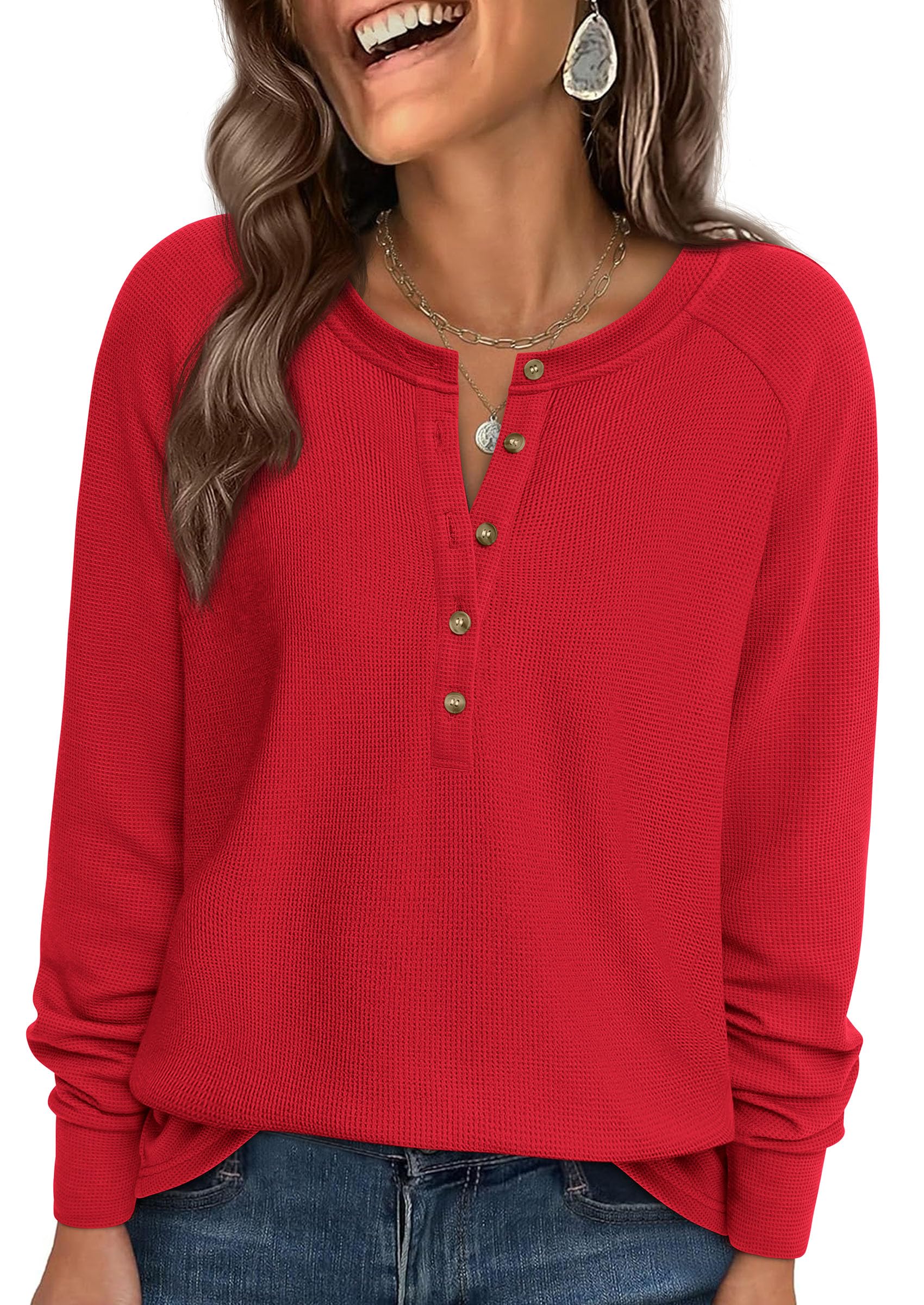 Women's Long Sleeve Waffle Knit Henley Shirts Loose Tunic Tops
