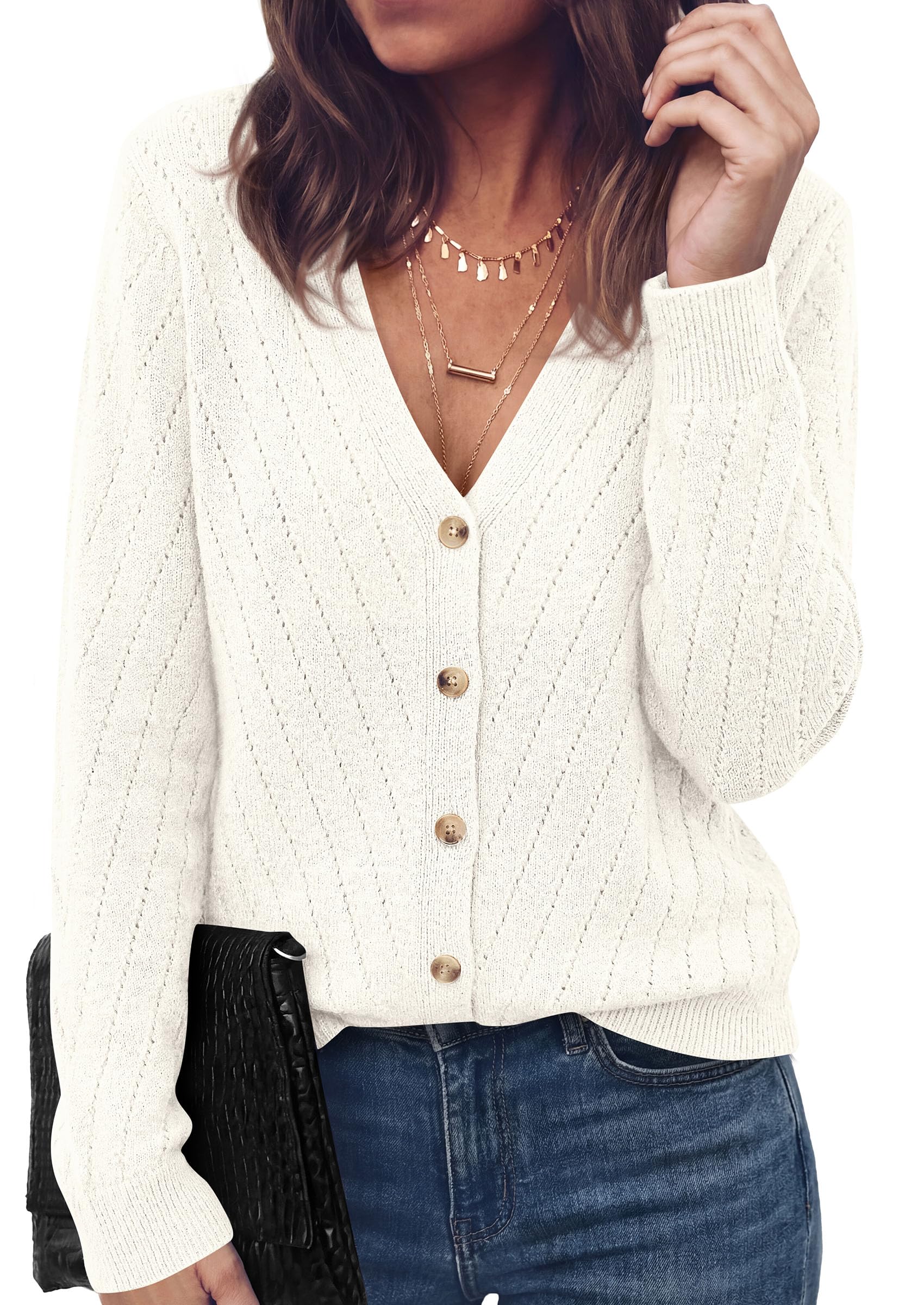 Women's Cozy Cardigan Sweater with Button (White,S)