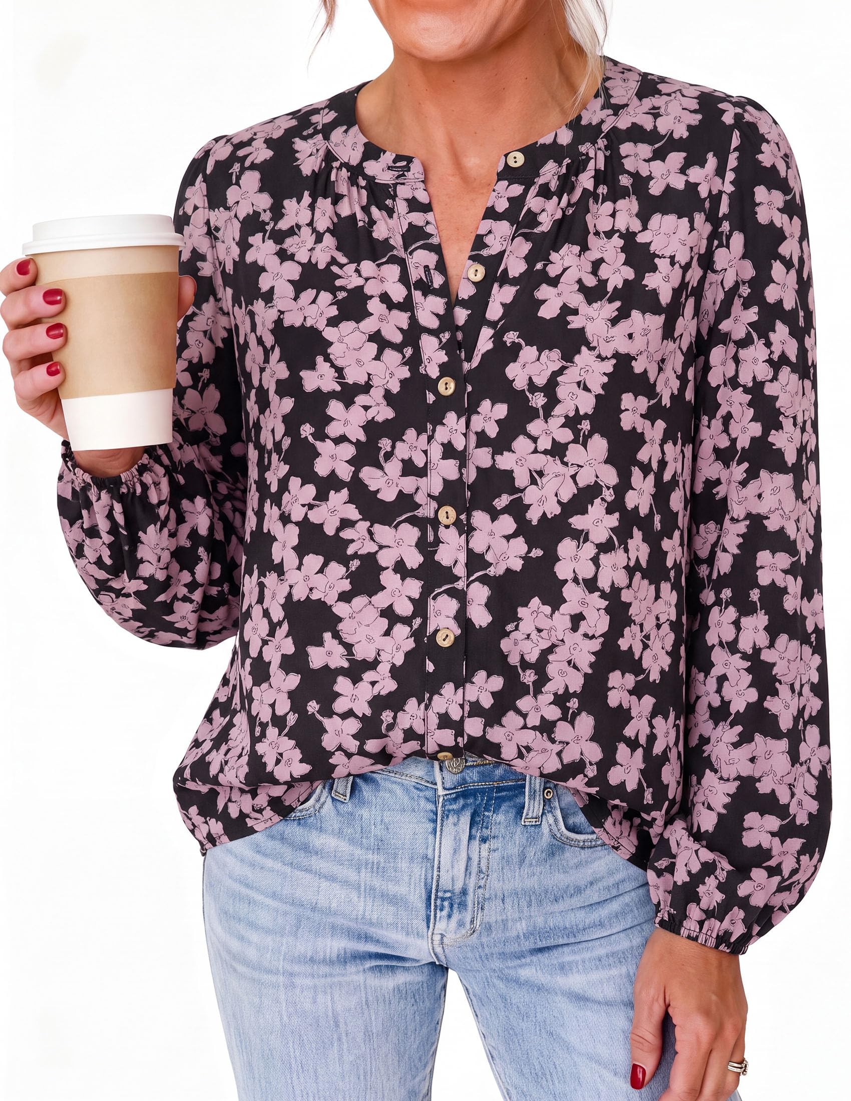 Women's Boho Tops Fall Long Sleeve Button Down Floral Blouses