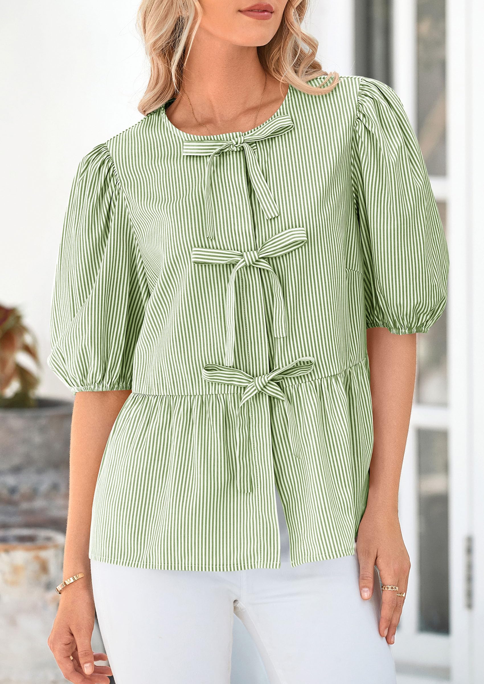 Women Striped Tie Front Babydoll Peplum Tops, Army Green,S