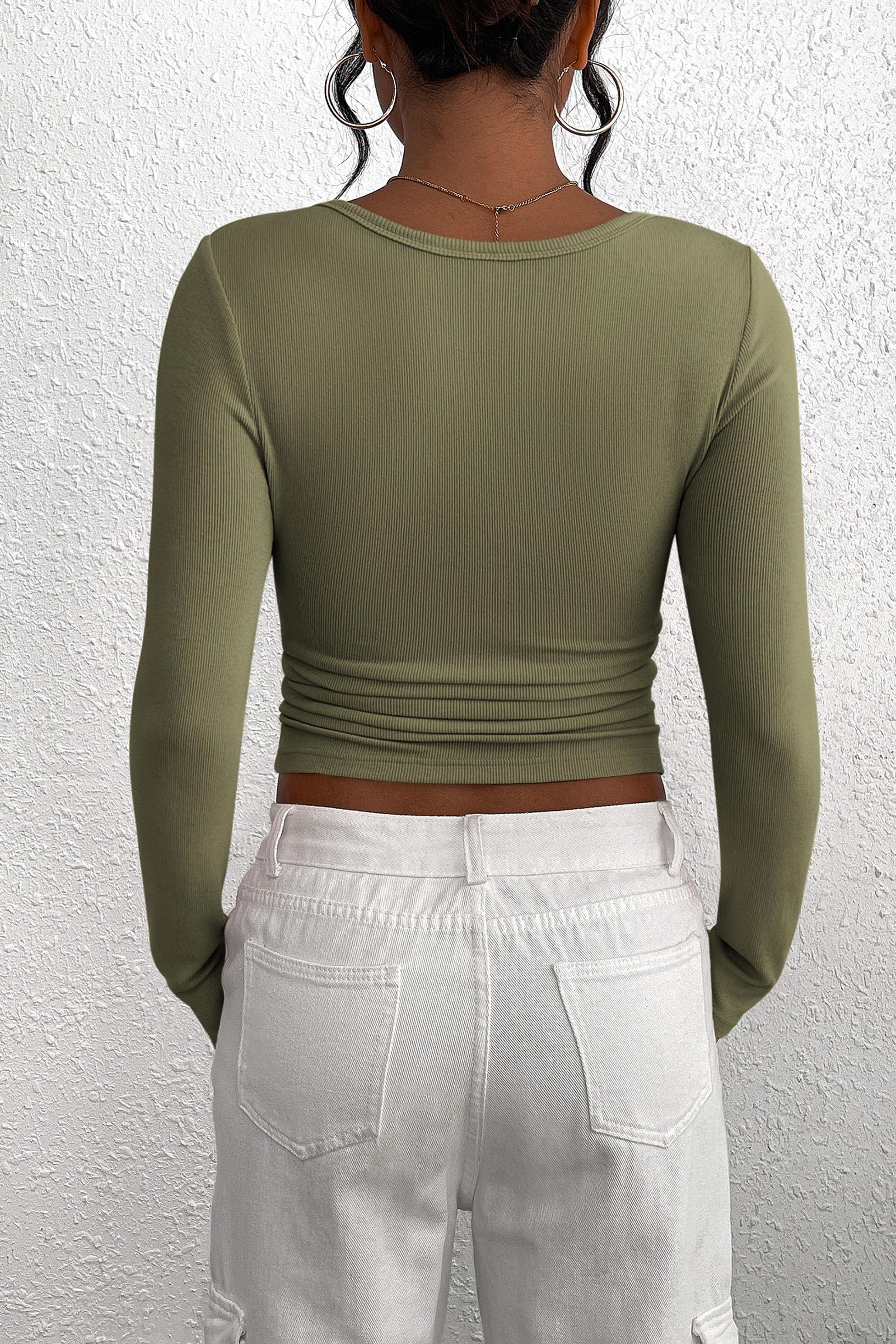 Women's Fall Long Sleeve Henley T Shirts Grey Green