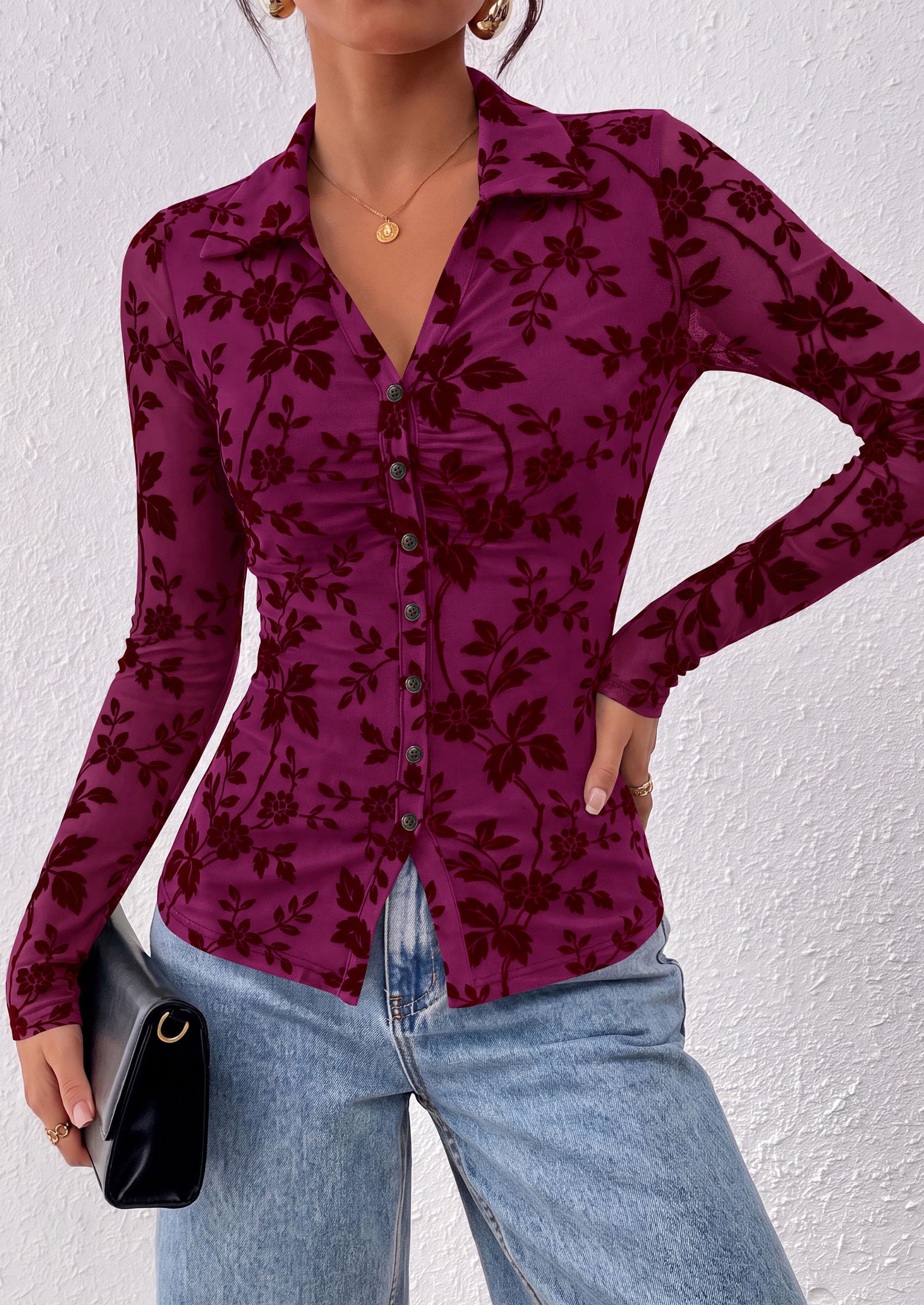 Women's Long Sleeve Floral Mesh Boho Tops Button Down Shirts