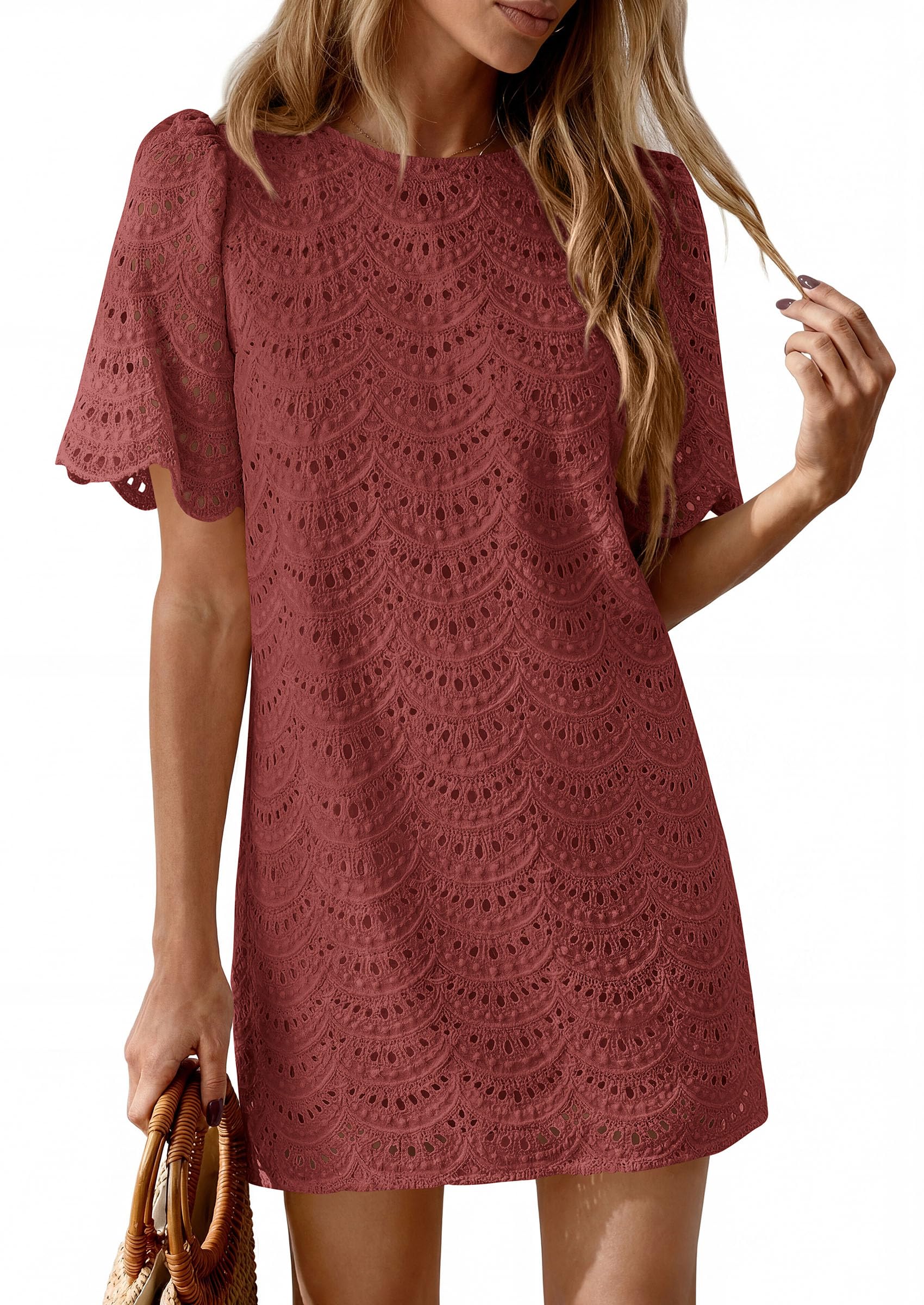Women's Summer Eyelet Lace Short Dress (Brown Red,S)