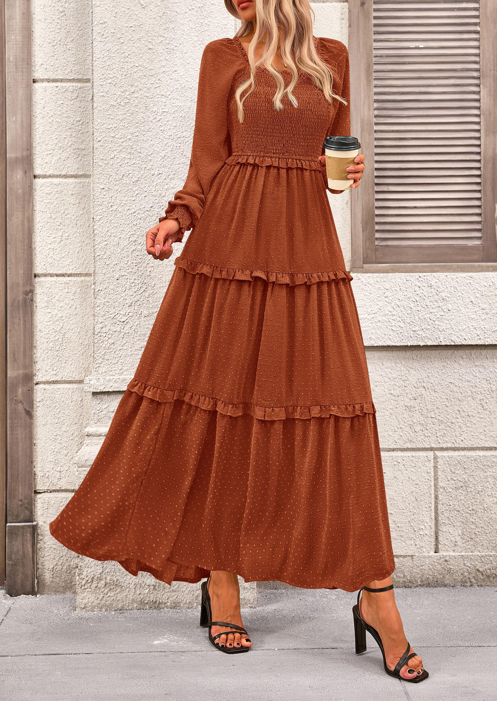 Women's Smocked Long Sleeve Maxi Dress Wedding Guest Dresses