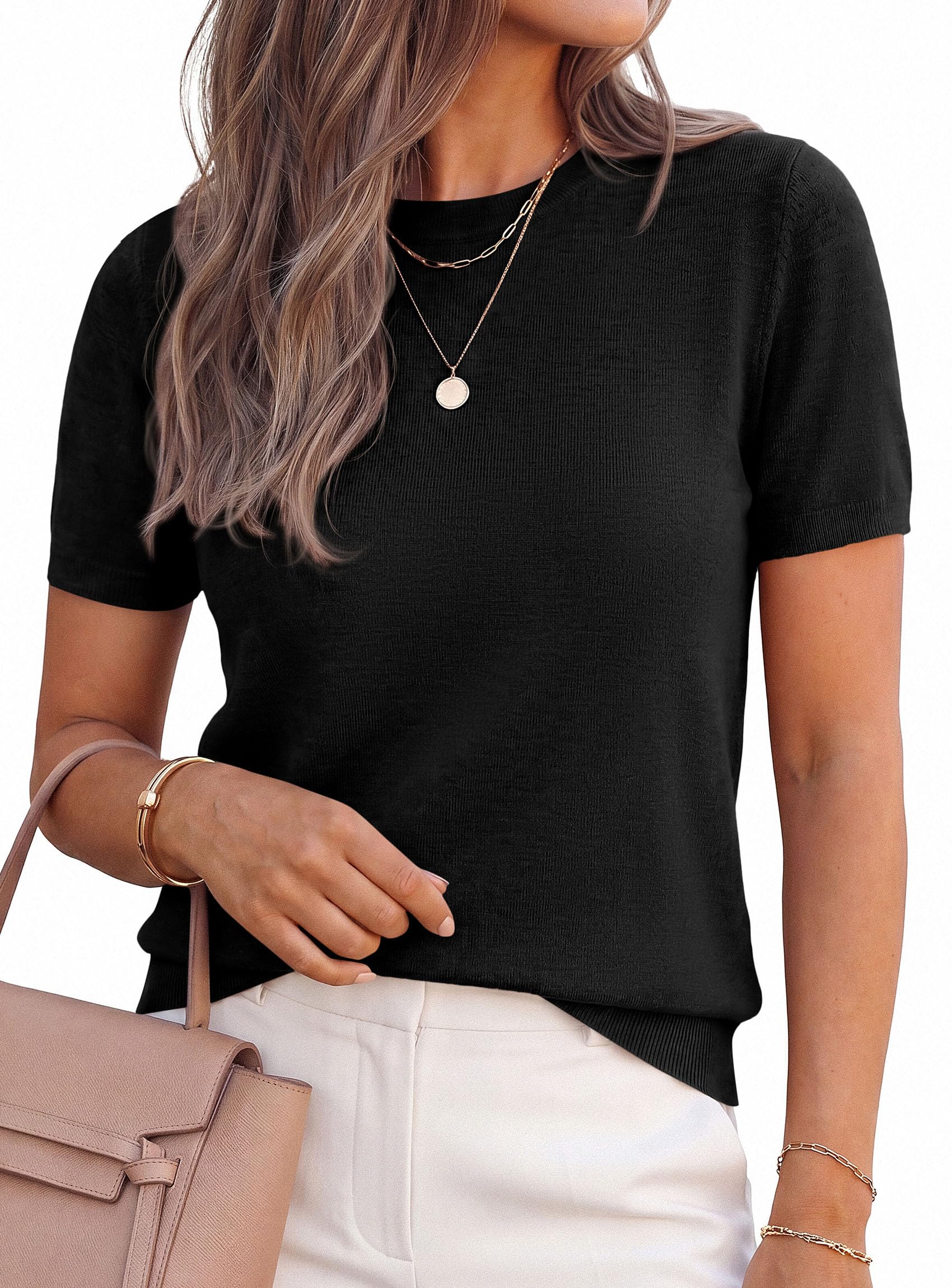 Women's Short Sleeve Sweaters Summer Tops,Black,S