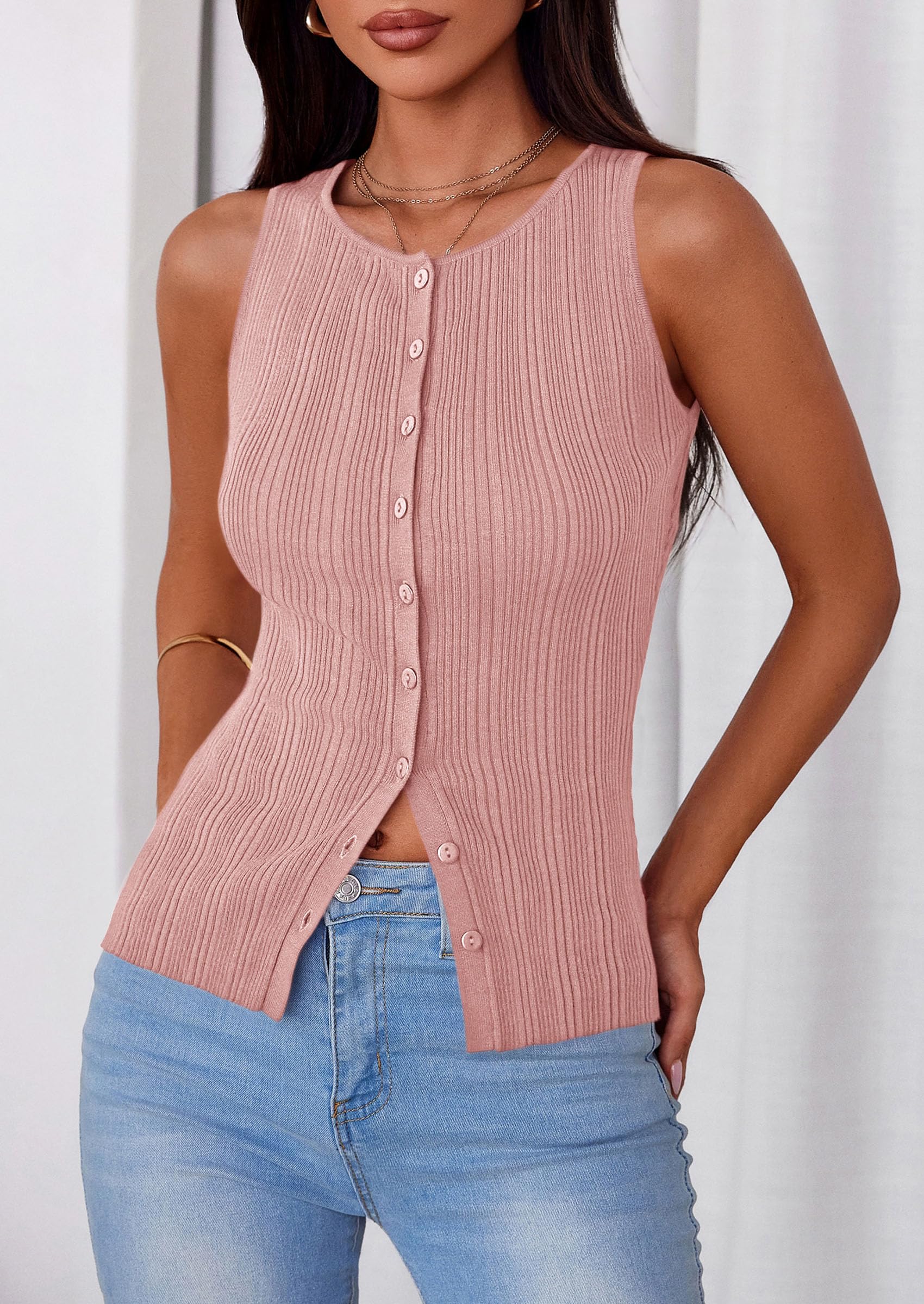 Sleeveless Button Down Shirts for Women Summer 2026 Going Out Ribbed Knit Tank Tops Y2K Clothes Trendy Vest Tops Pink