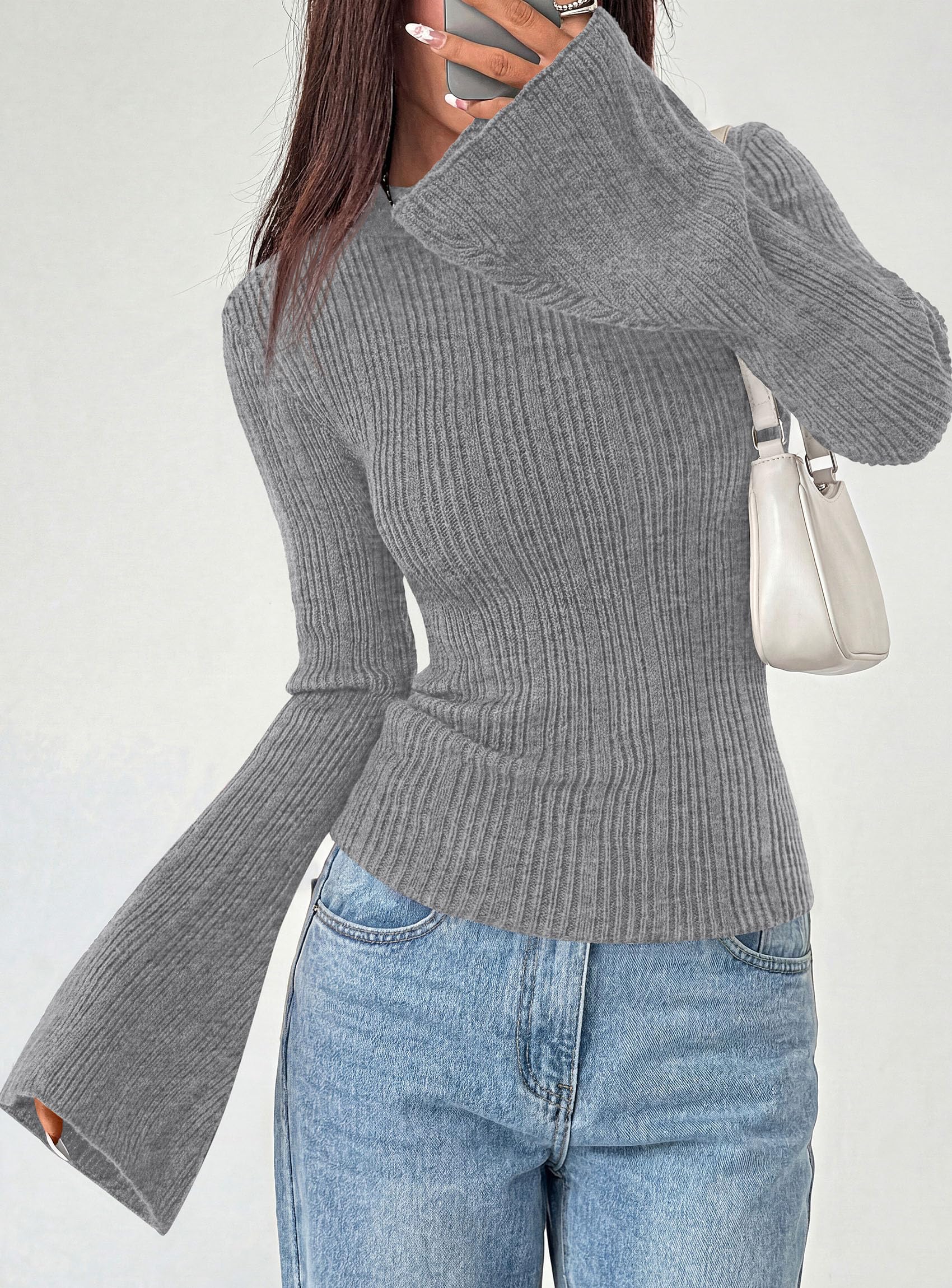 Womens Bell Long Sleeve Tops Mock Neck Sweaters,Grey,S