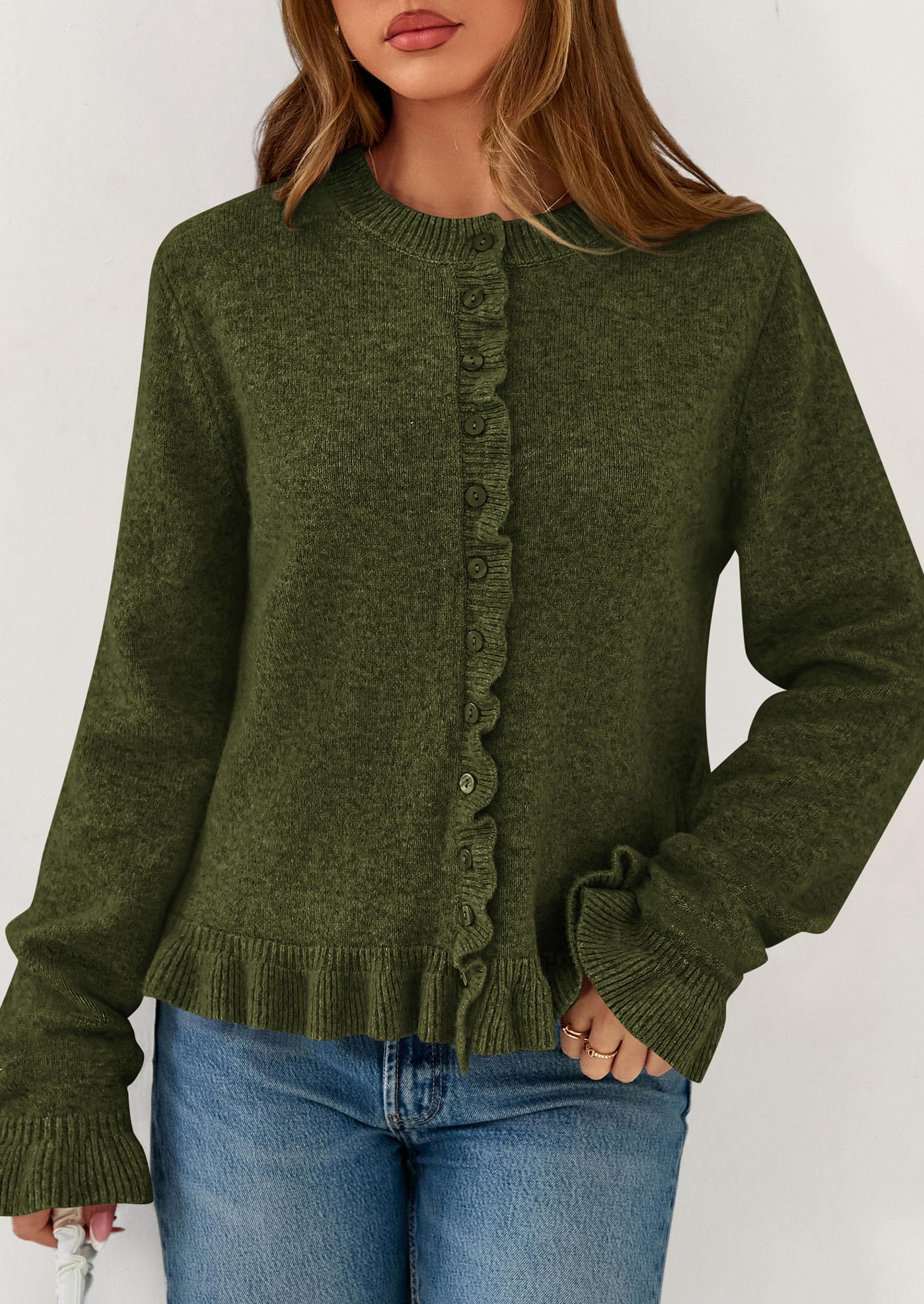 Womens Ruffle Button Down Cardigan Sweaters,Army Green,S