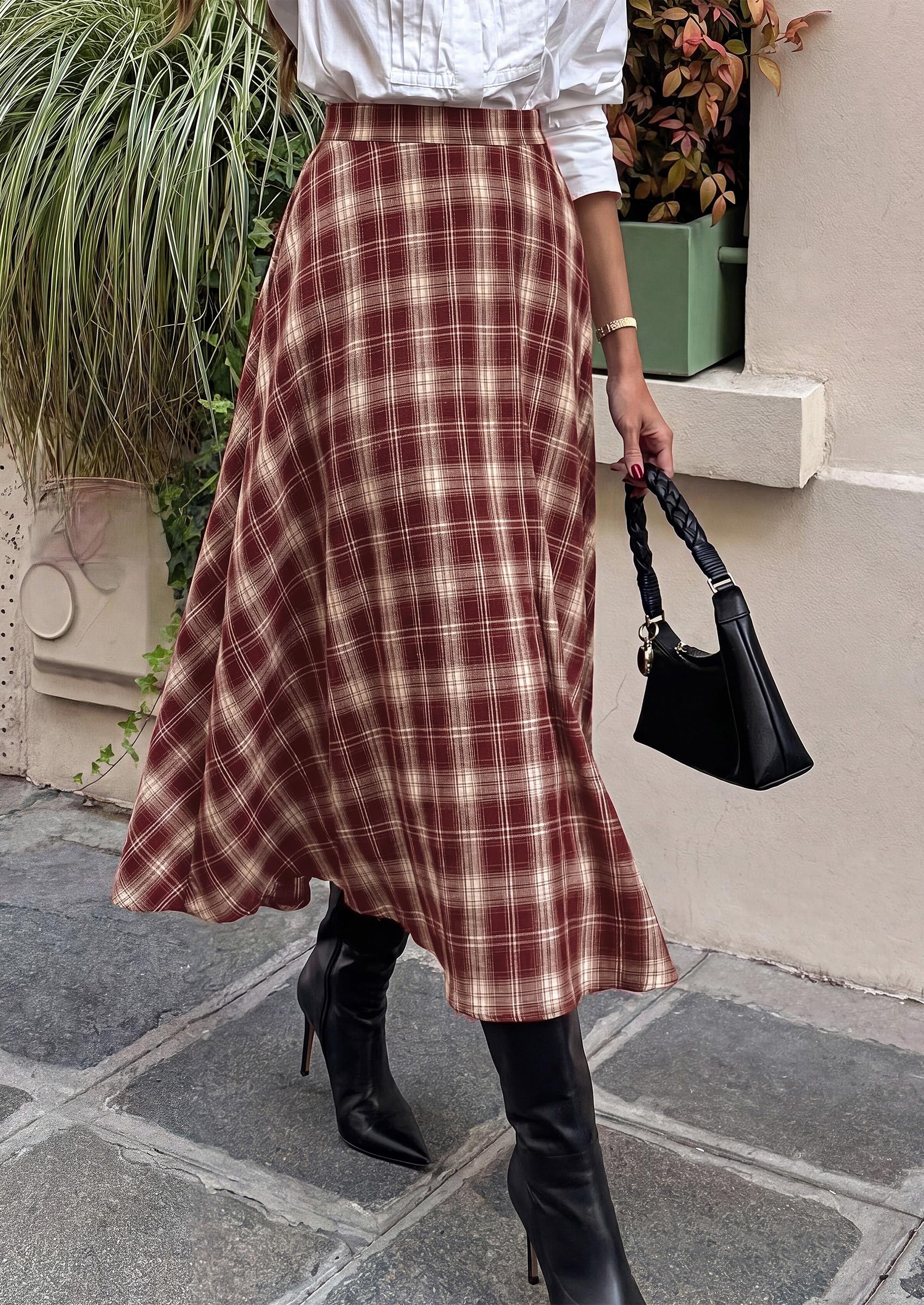 Women's Plaid High Waisted A-Line Midi Skirts,Rust Red,S