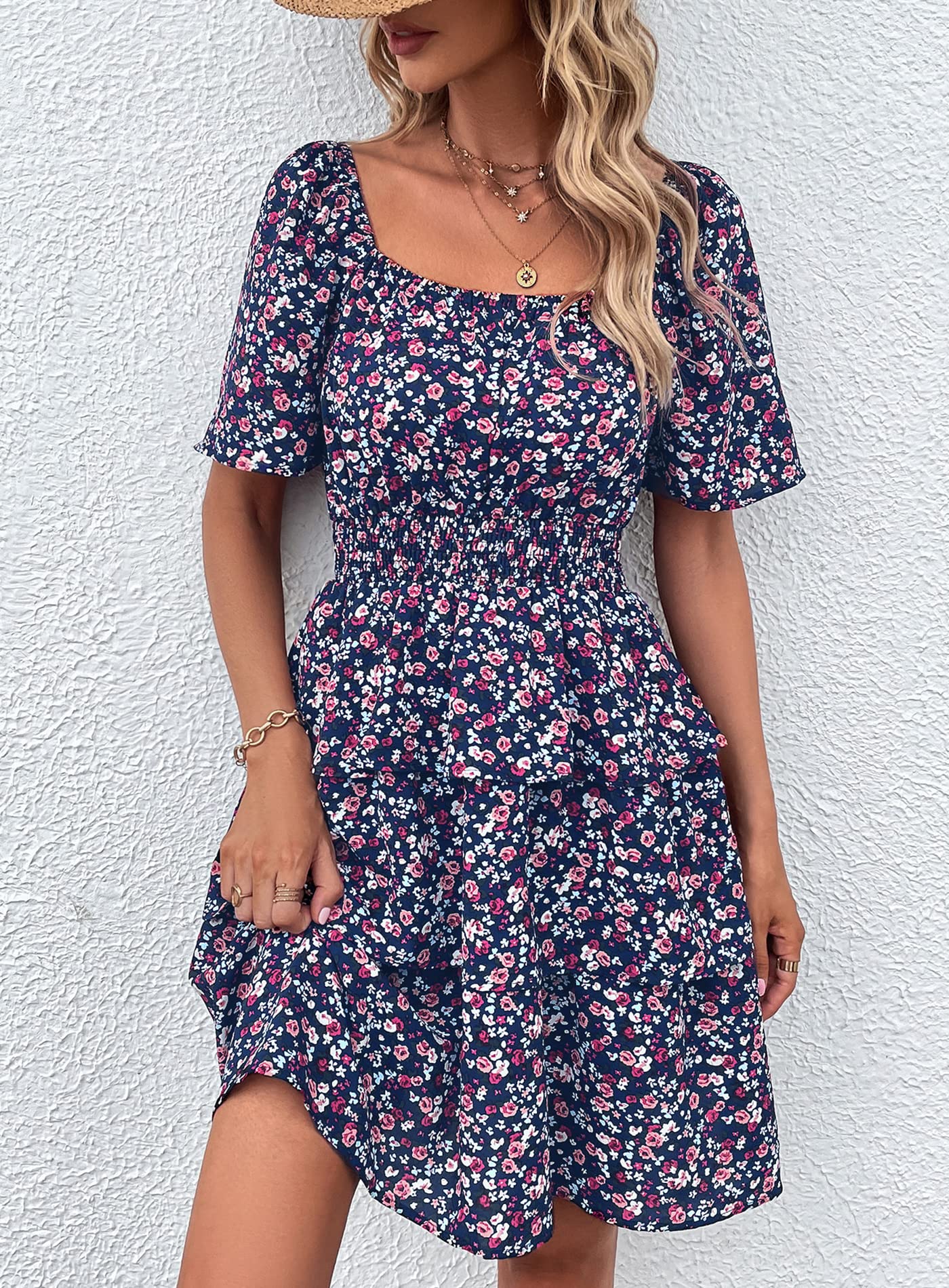 Women's Summer Floral Ruffle Short Dress Blue Purple Floral,S