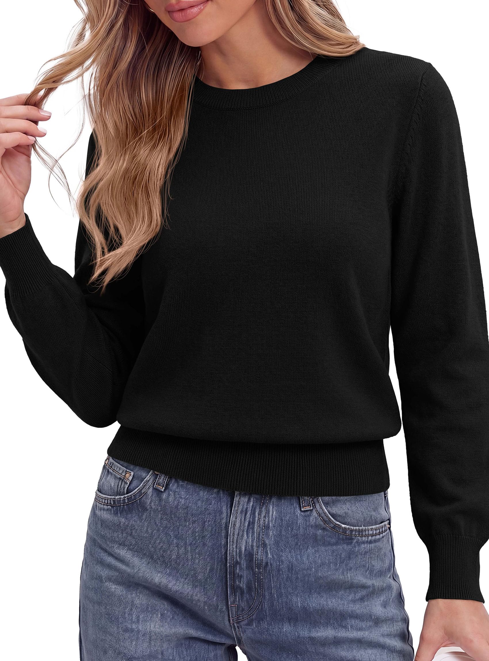 Women’s Long Sleeve Crew Neck Cropped Sweaters Black,M