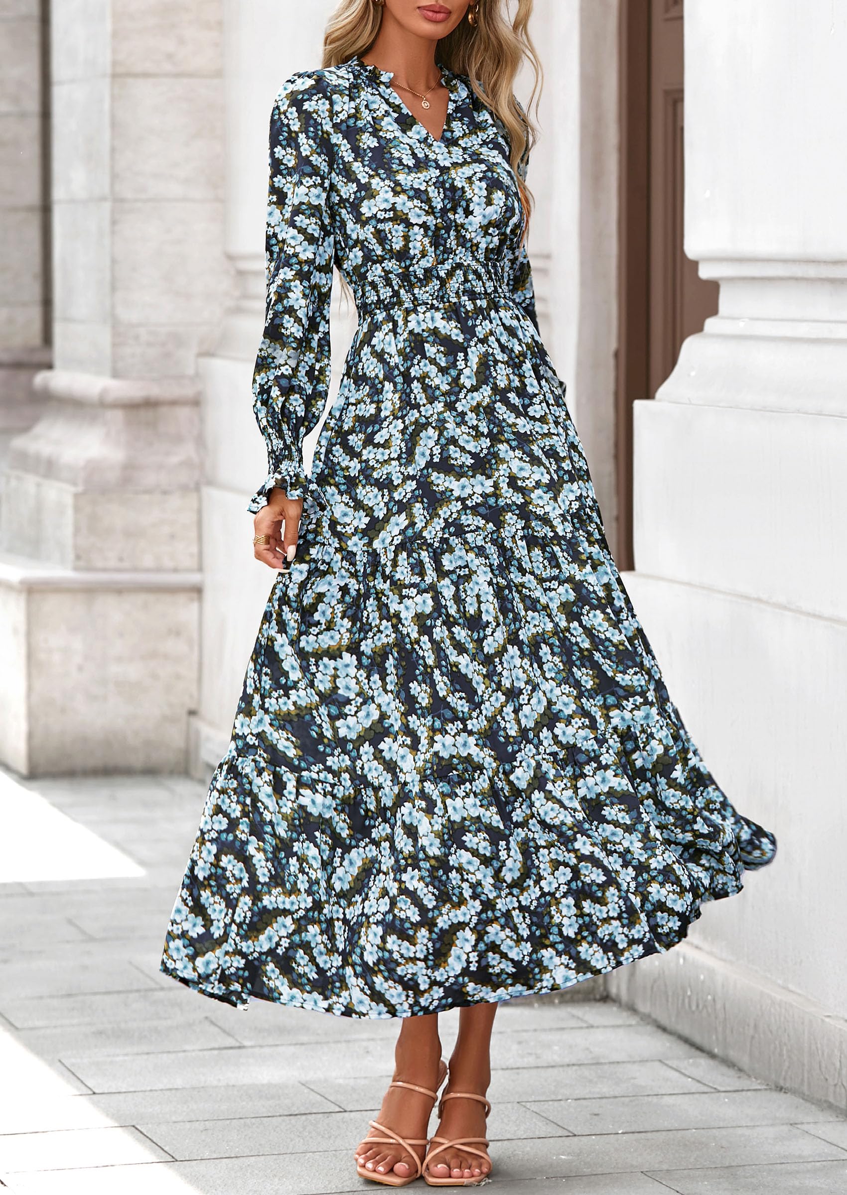 Women's Floral Maxi Dress Fall A Line Wedding Guest Dresses
