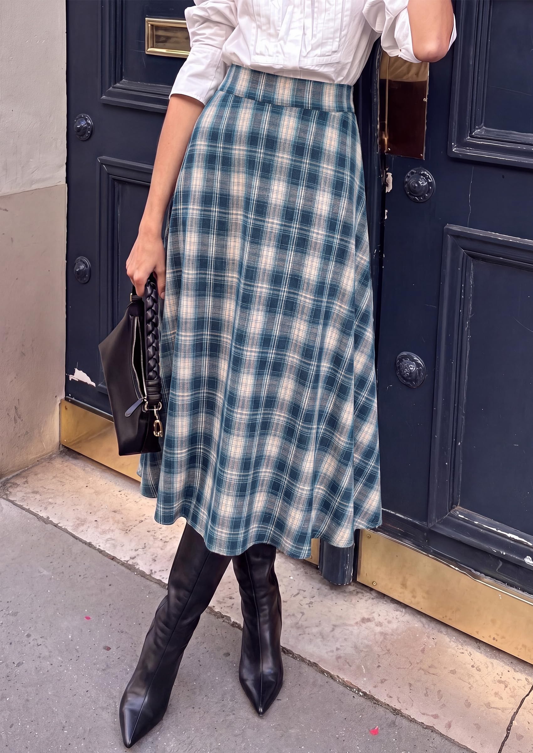 Women's Plaid High Waisted A-Line Midi Skirts,Dusty Blue,S