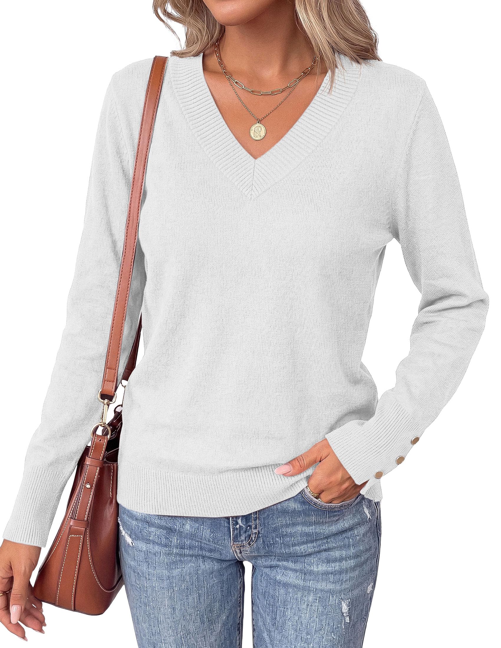 Fall Sweaters for Women V Neck Lightweight Pullover Top White