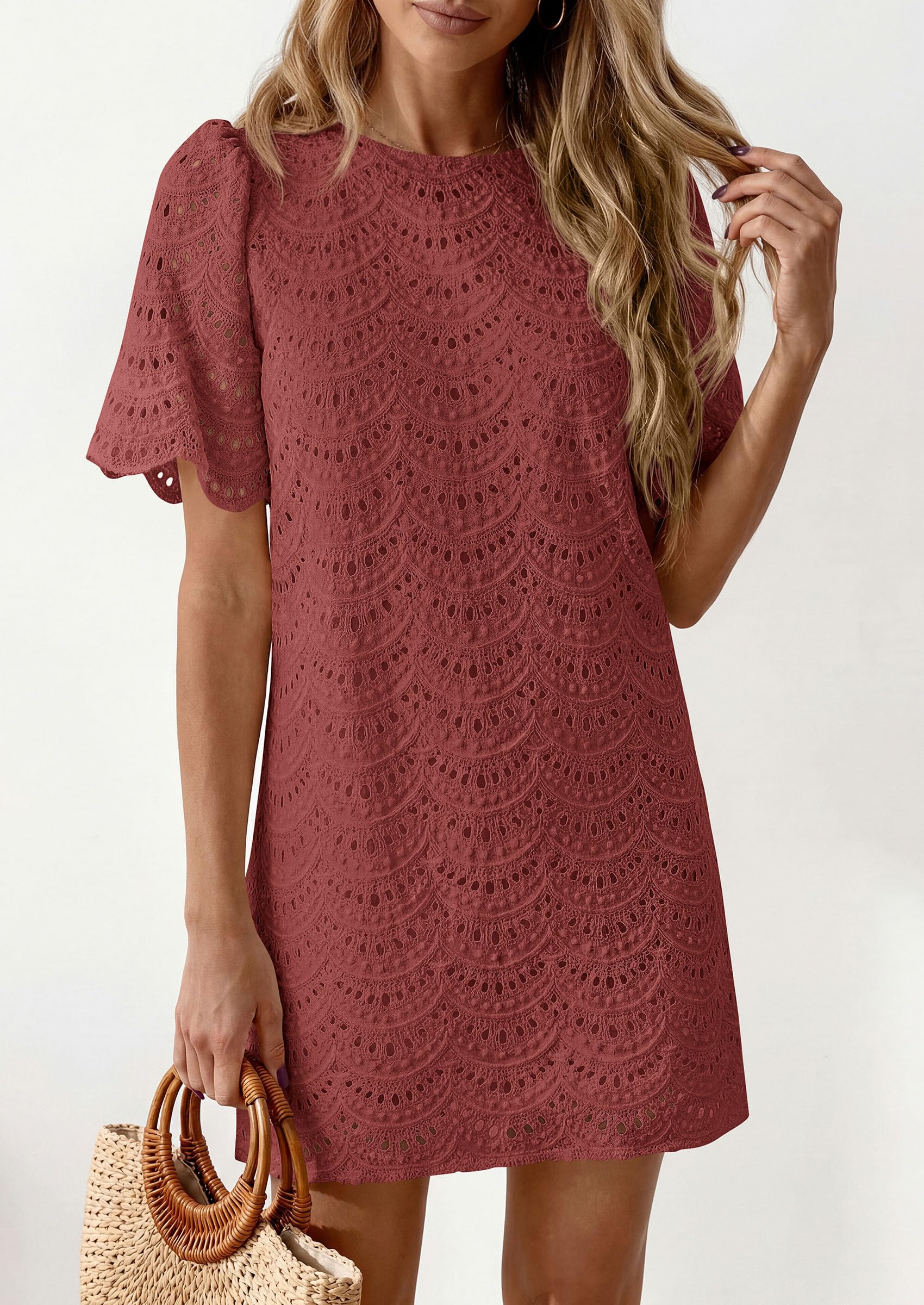 Women's Summer Eyelet Lace Short Dress (Brown Red,S)