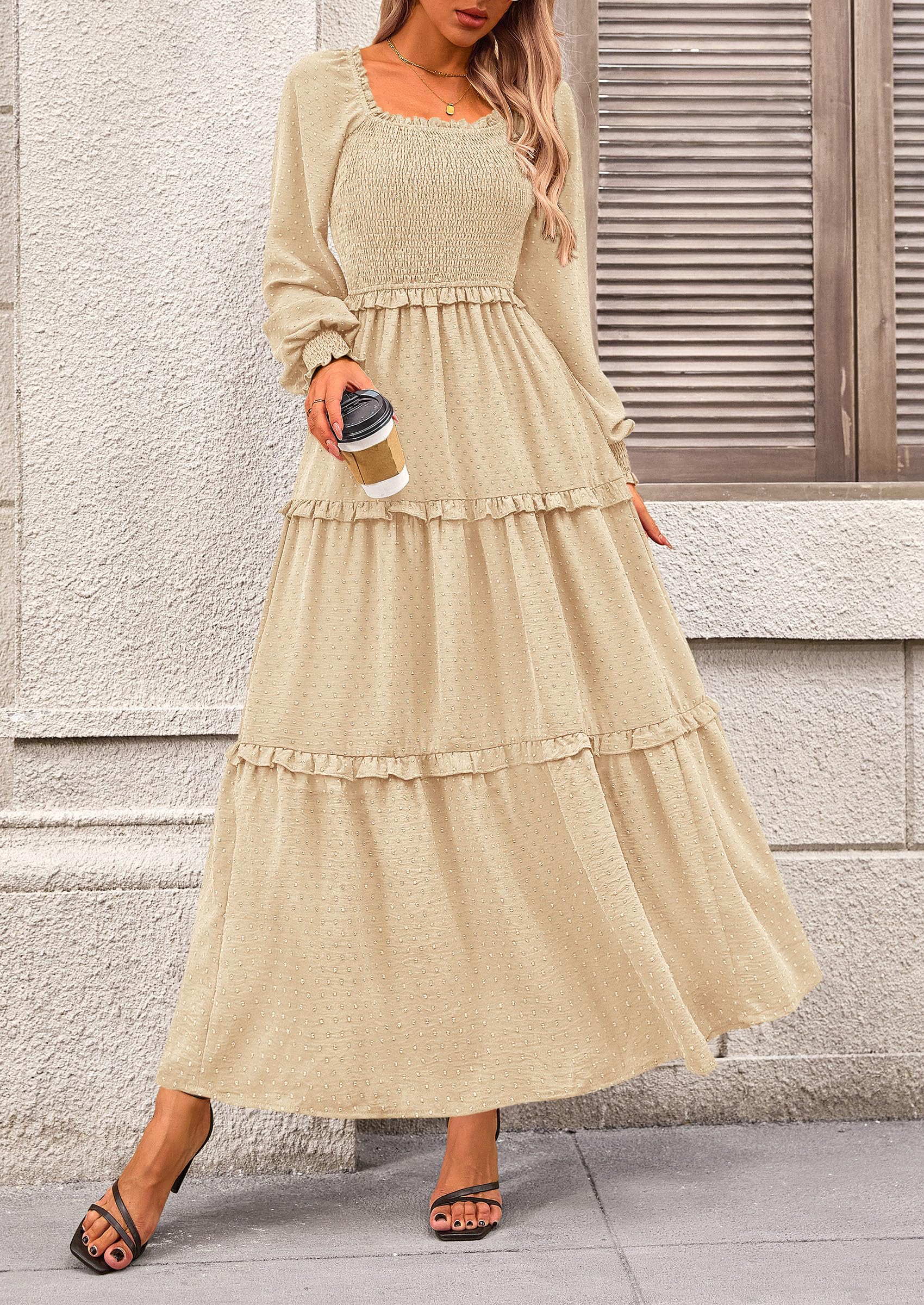 Women's Smocked Long Sleeve Maxi Dress Wedding Guest Dresses