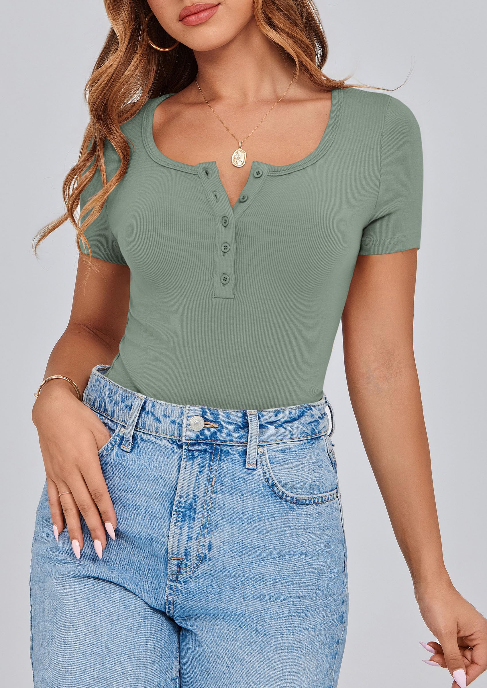 Women's Summer Tops Henley Tee Shirts (Light Green,X-Small)