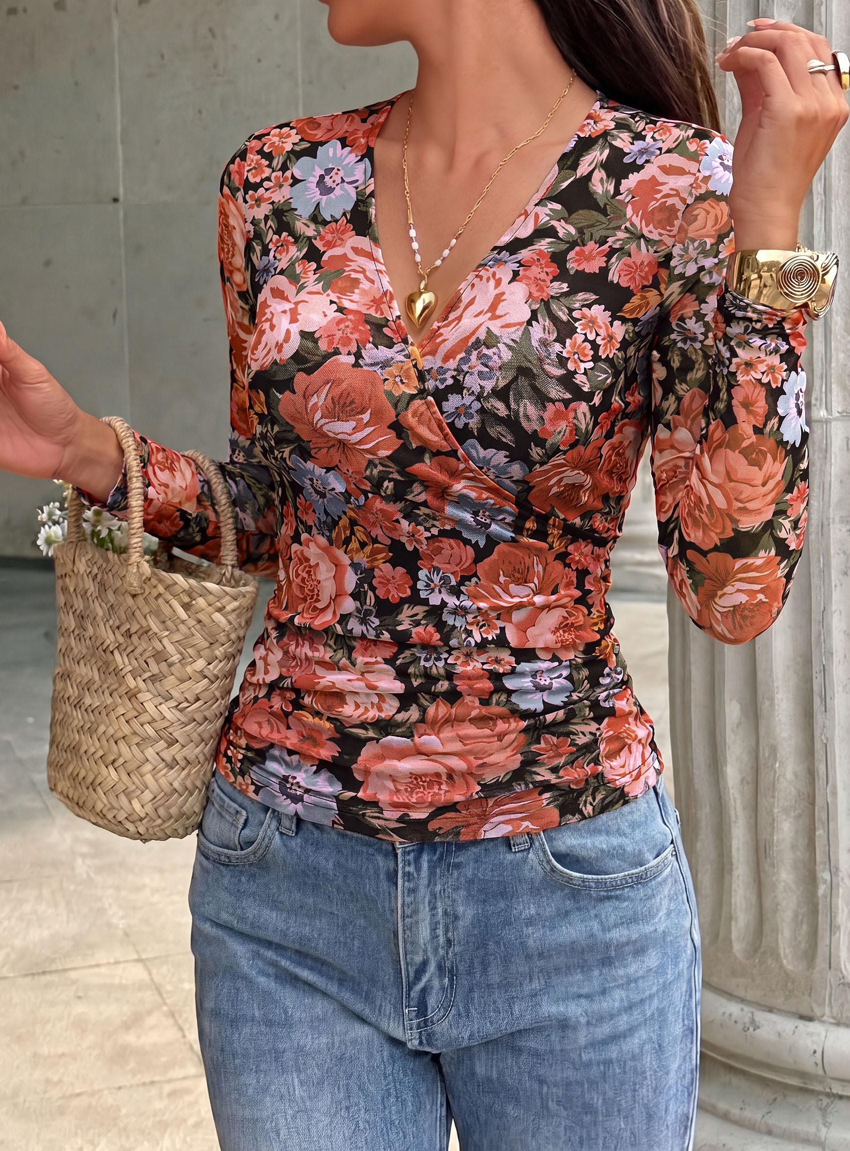 Womens Mesh Wrap Dressy Top Floral V Neck Long Sleeve Shirts