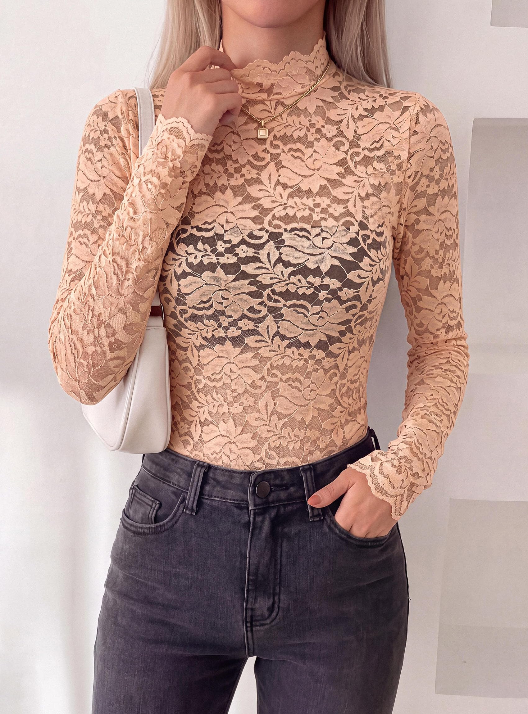 Womens Lace Long Sleeve Tops Sheer Mesh Blouse Orange Pink,S