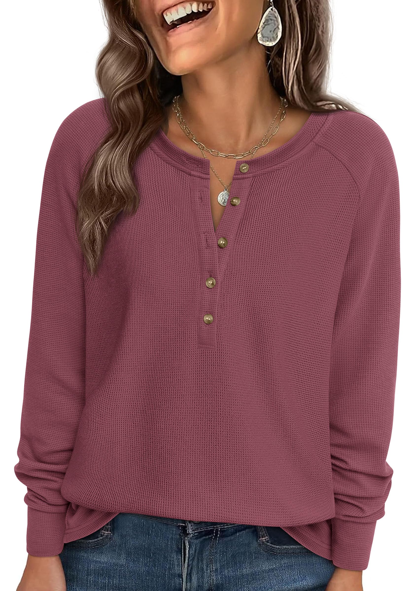 Women's Long Sleeve Waffle Knit Henley Shirts Loose Tunic Tops