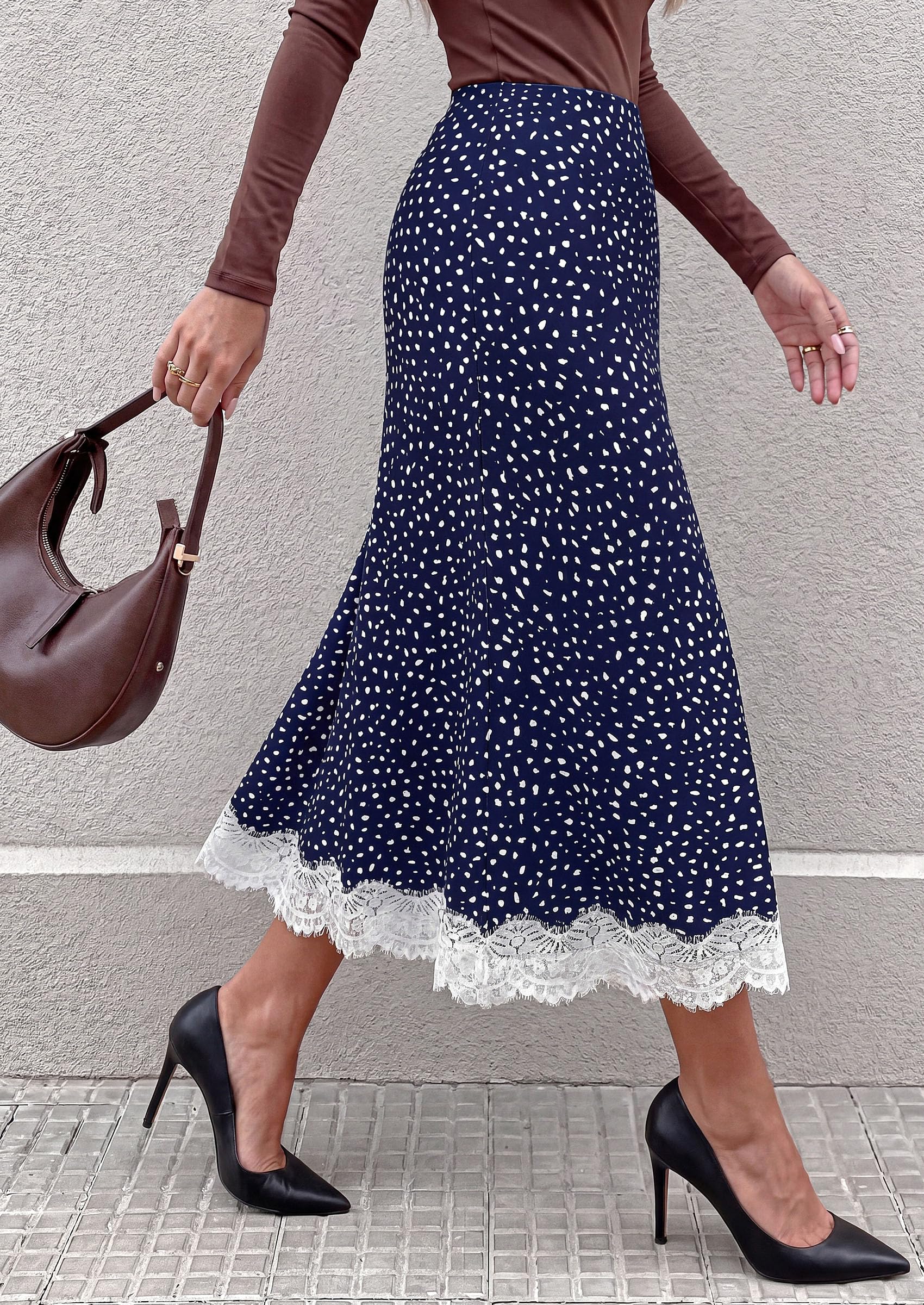 Women's Polka Dot Satin Skirt Fall Flowy Midi Leopard Skirts