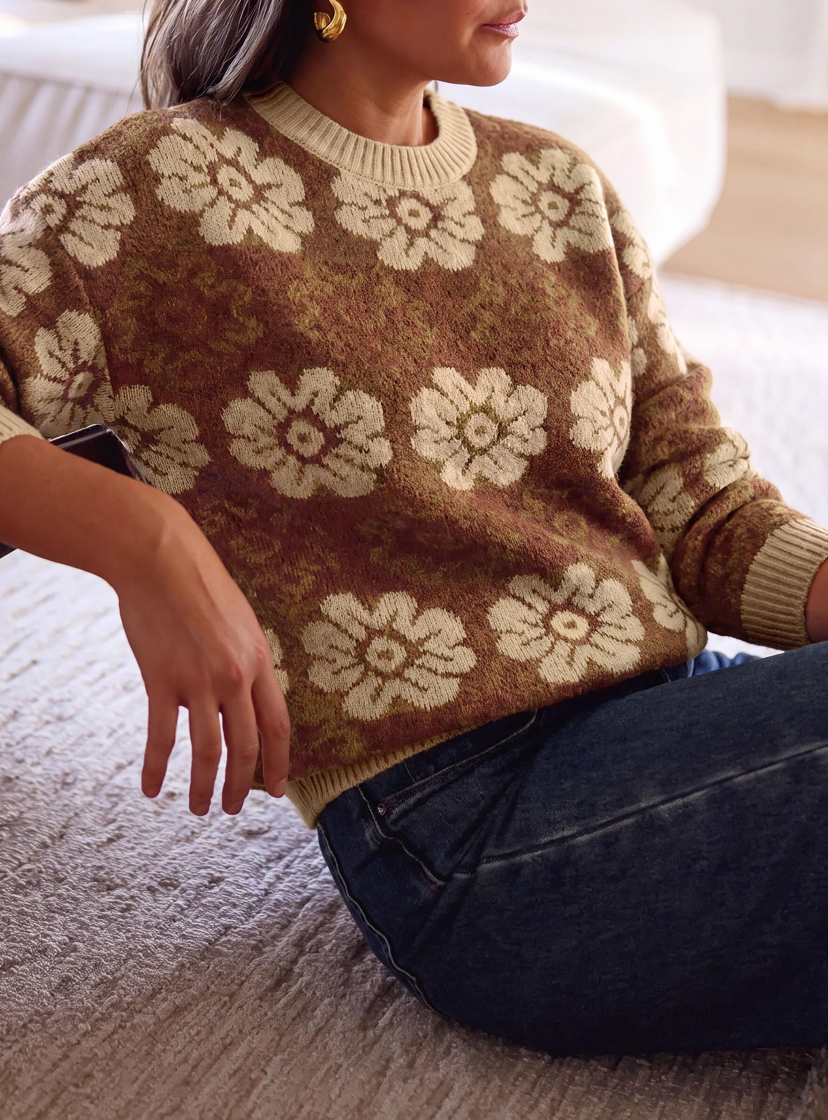 Women's Floral Crewneck Sweater Knit Pullover,Brown,S