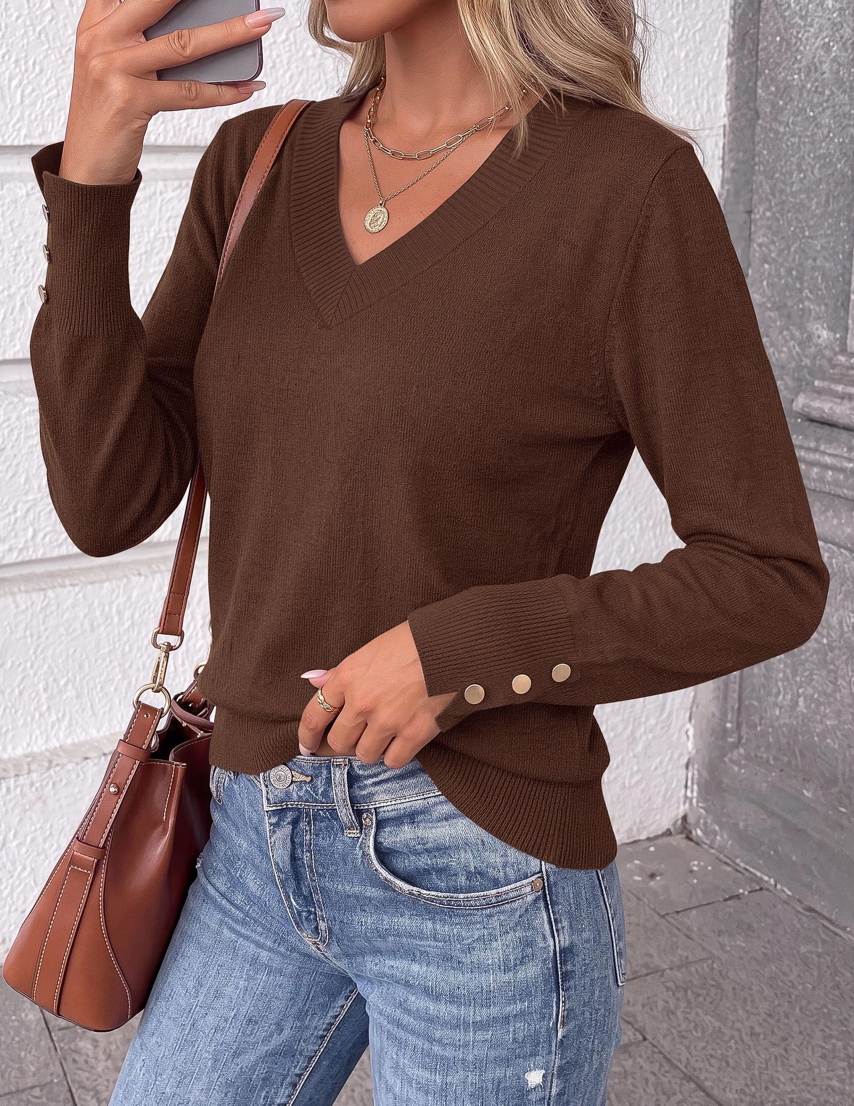 Fall Sweaters for Women V Neck Lightweight Pullover Top Coffee