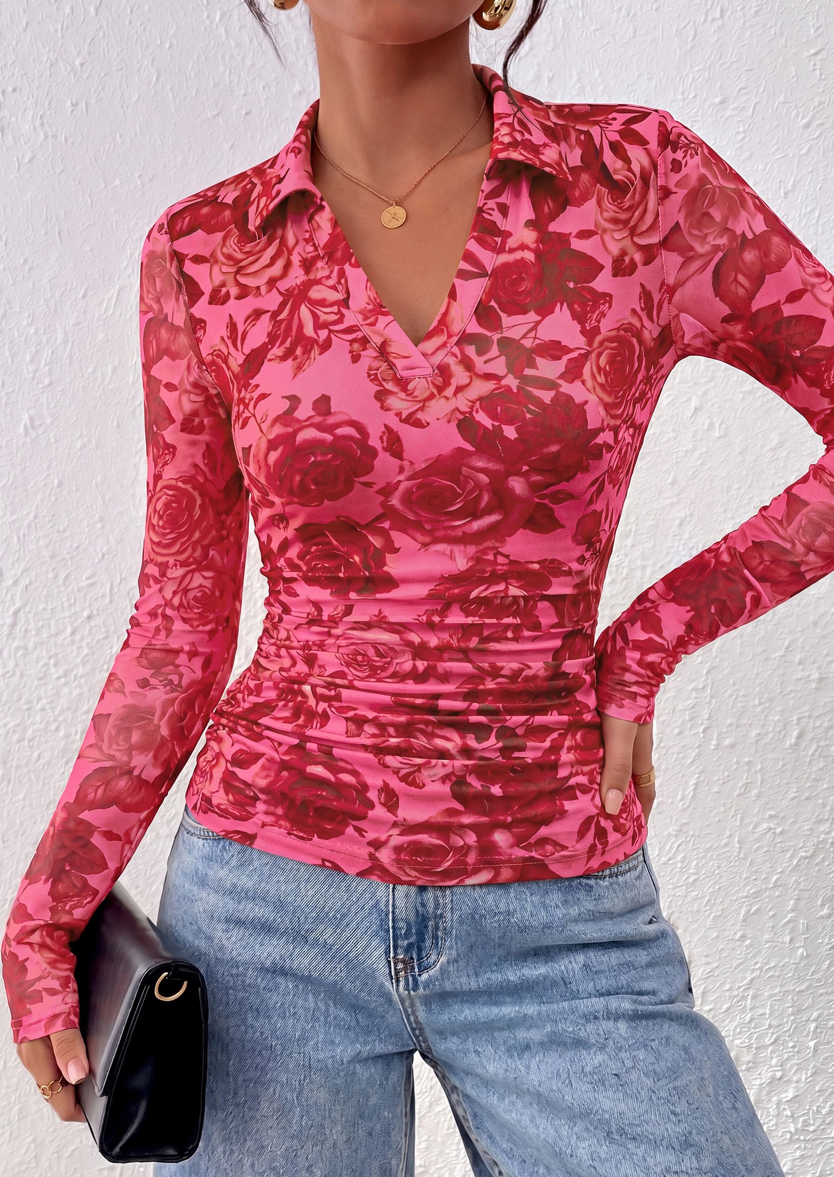 Women's Long Sleeve Boho Floral Mesh Tops Fall V Neck Blouses