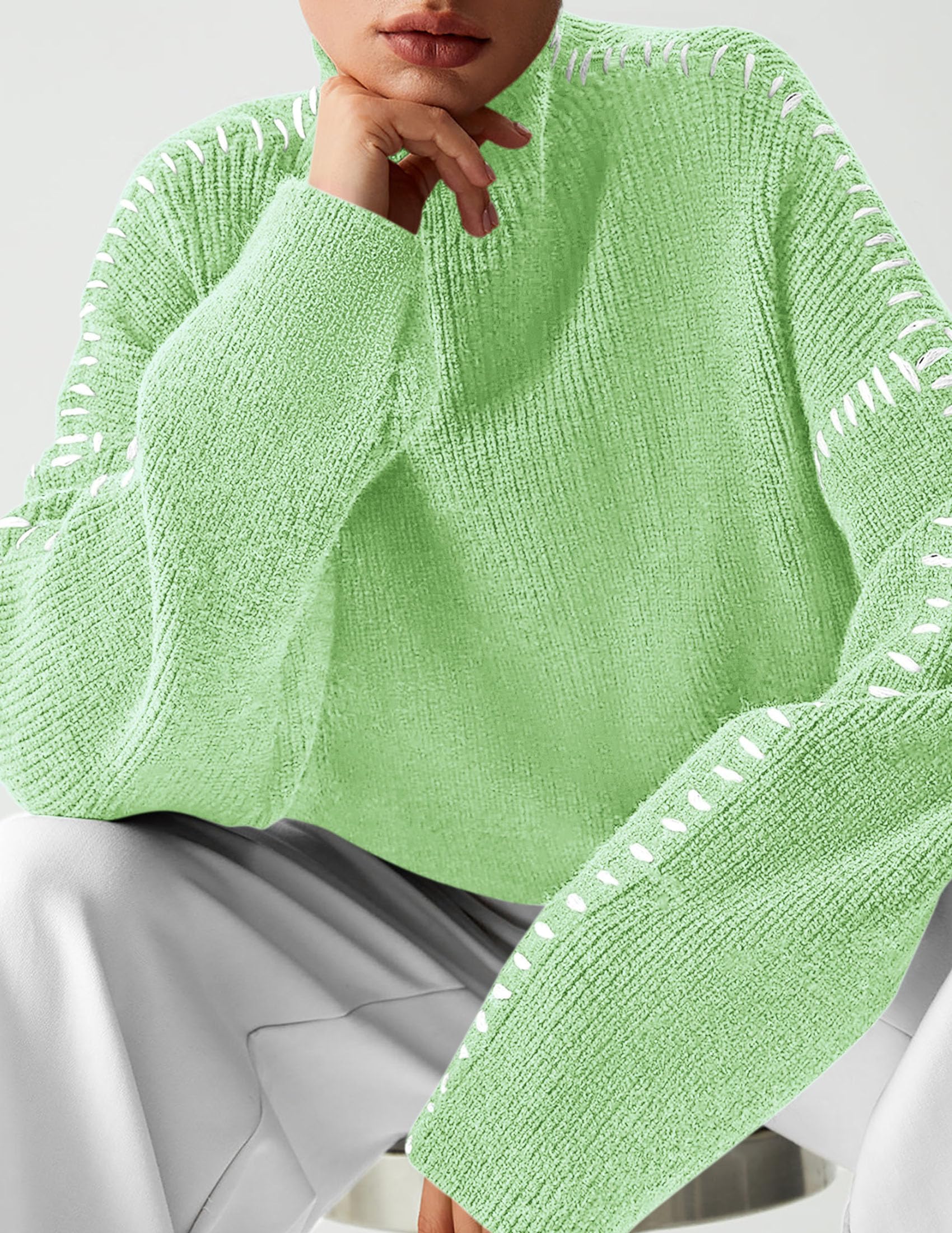 Womens Chunky Knit Oversized Pullover Sweaters,Light Green,S