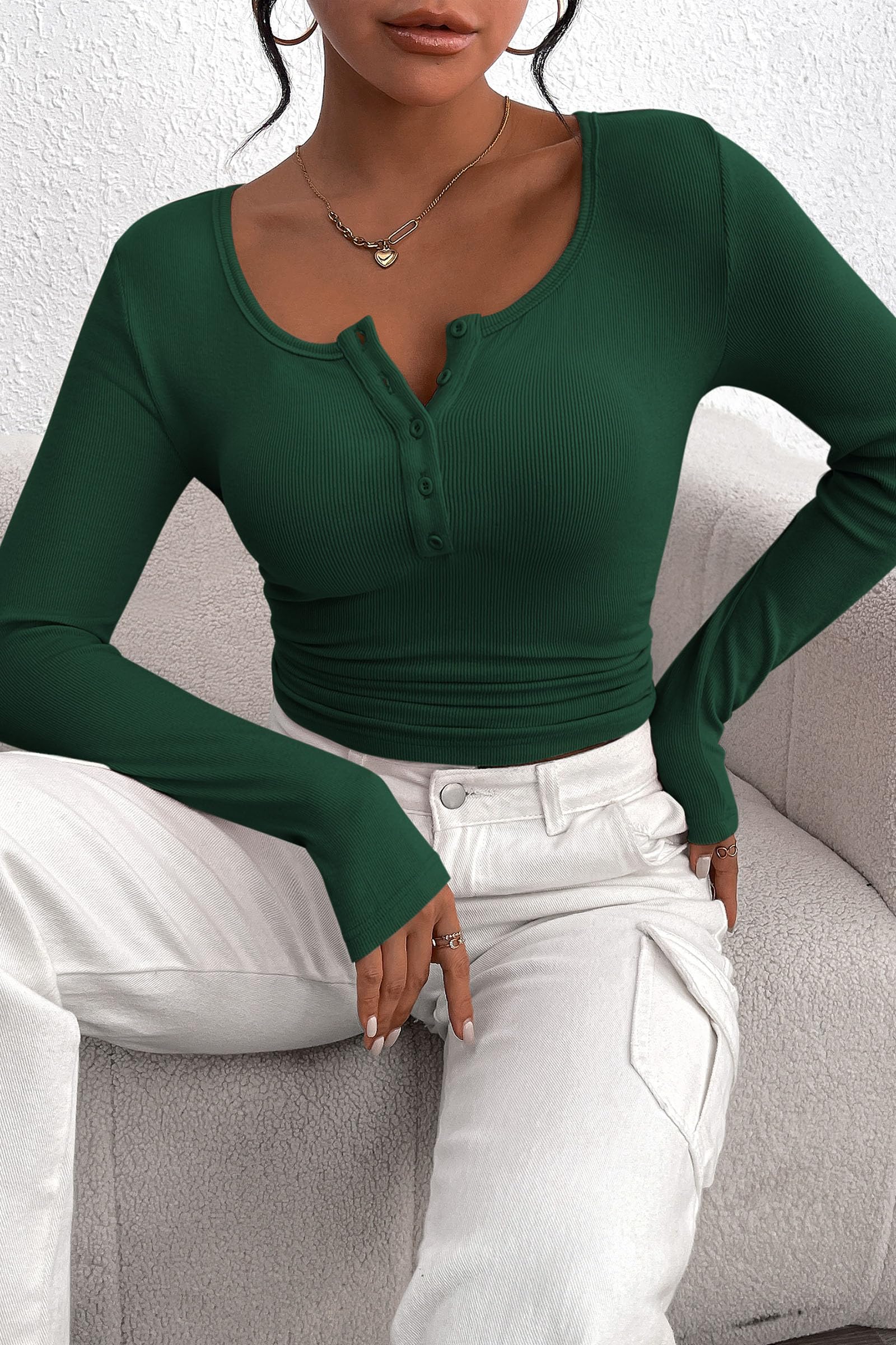 Women's Fall Long Sleeve Henley T Shirts Dark Green