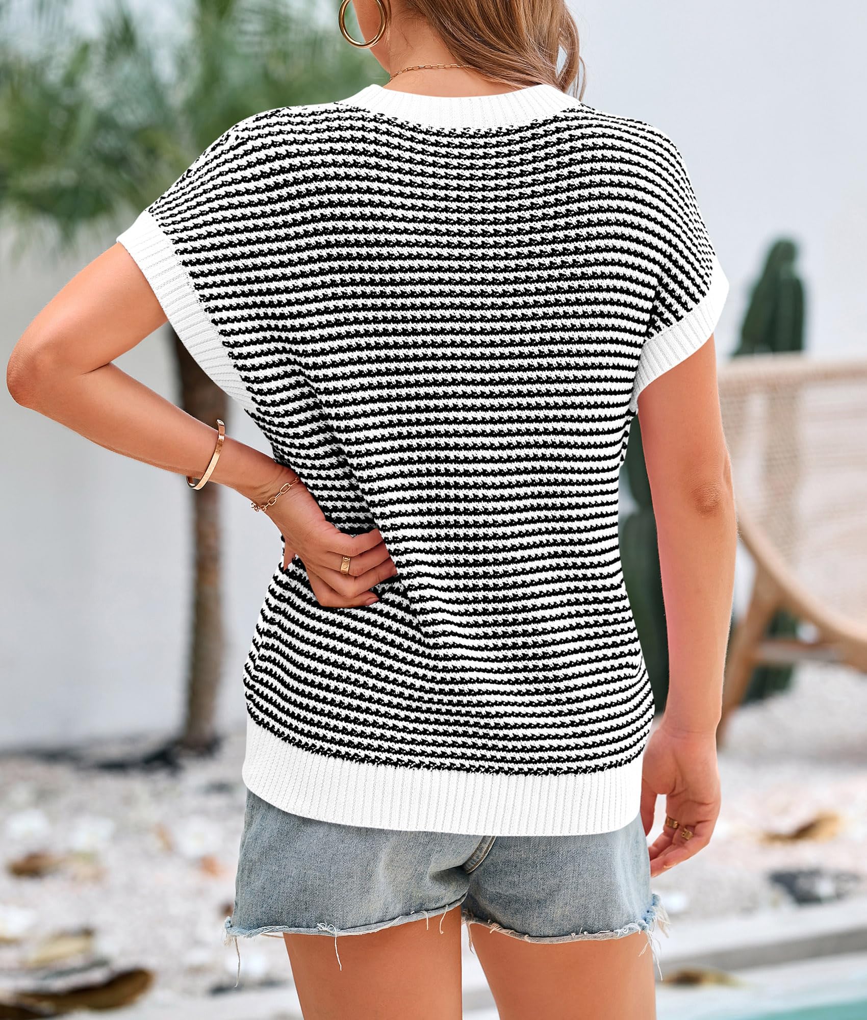 Women's Striped Short Sleeve Sweater Vest White,S