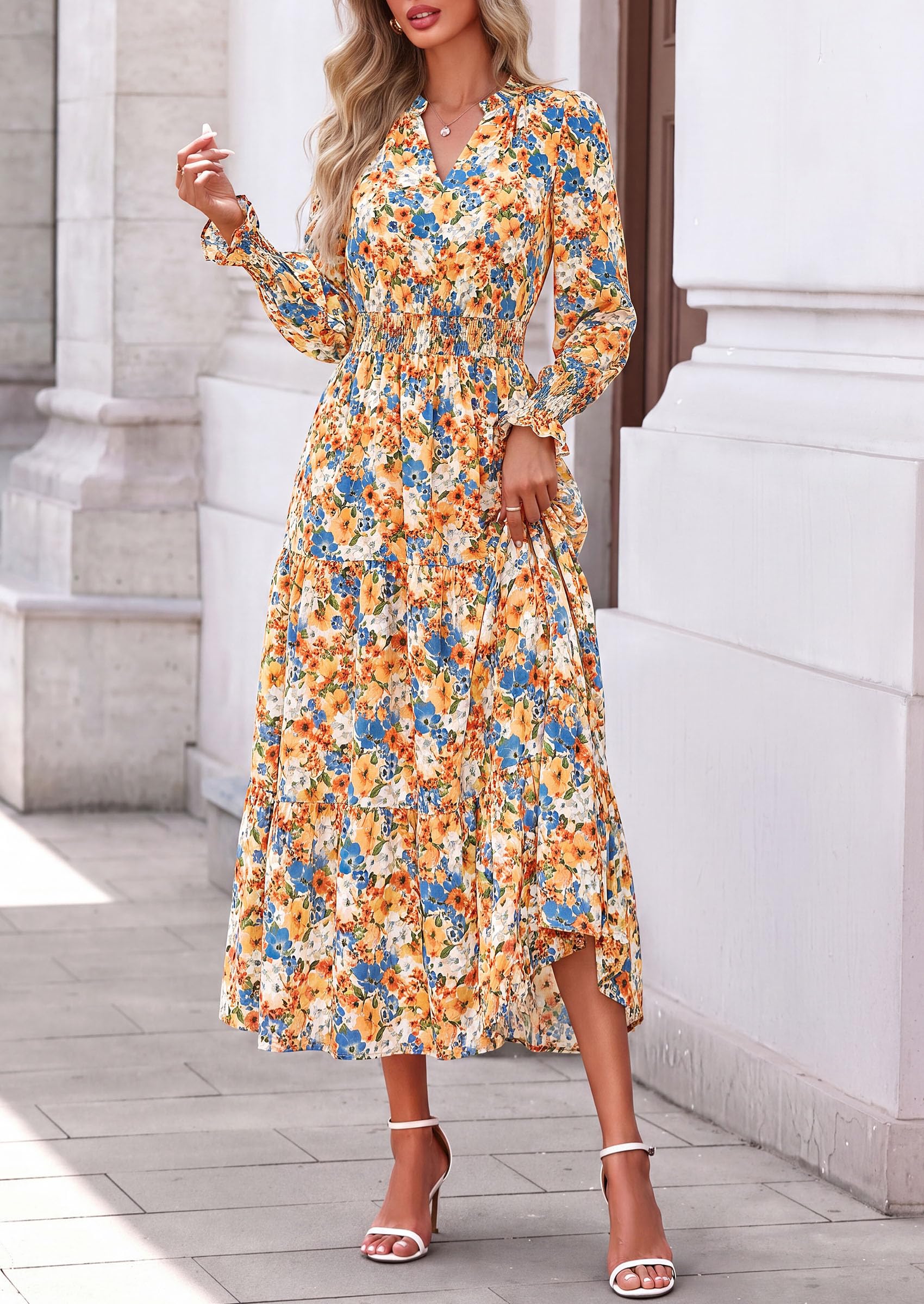 Women's Floral Maxi Dress Fall A Line Wedding Guest Dresses