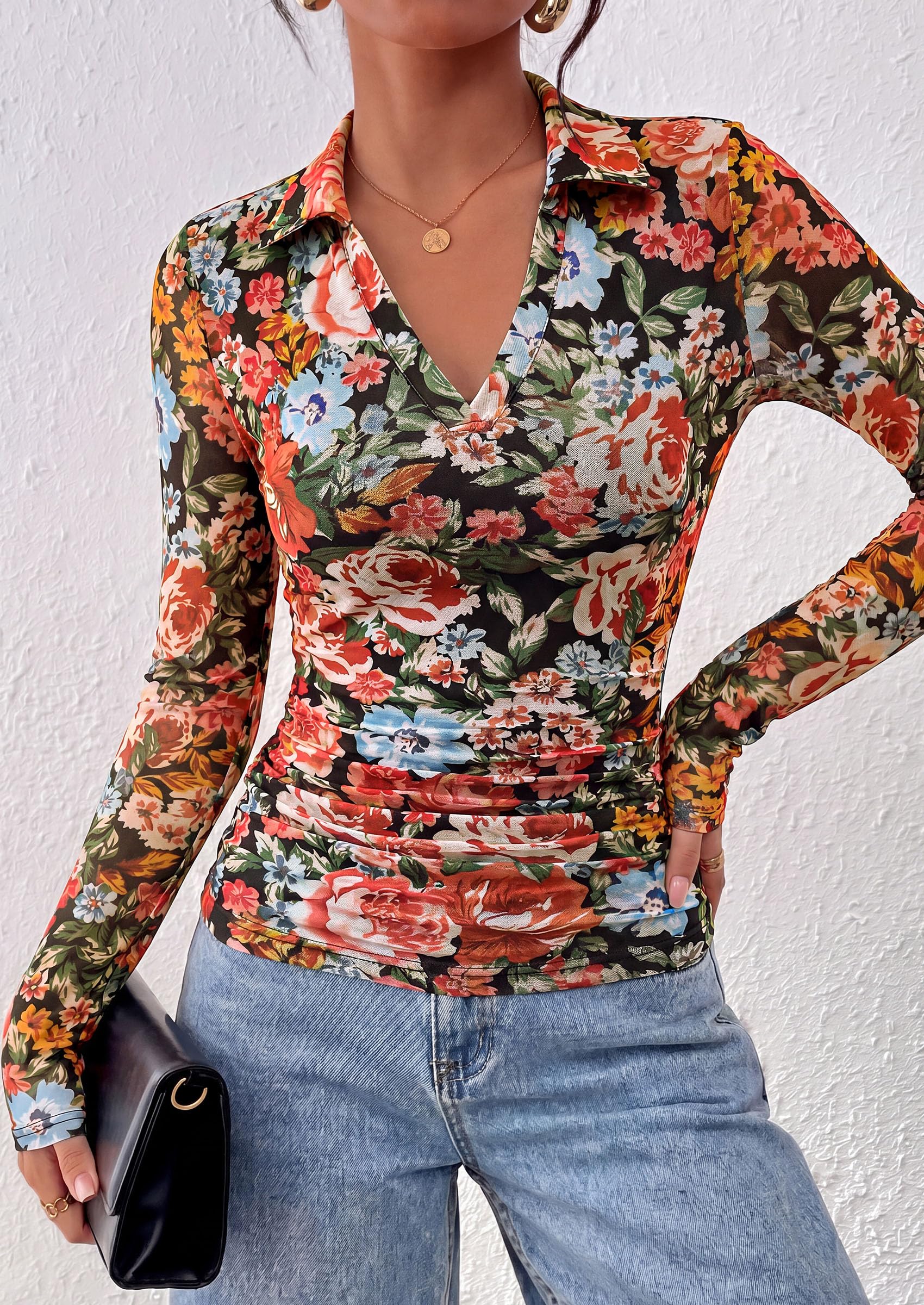 Women's Long Sleeve Boho Floral Mesh Tops Fall V Neck Blouses
