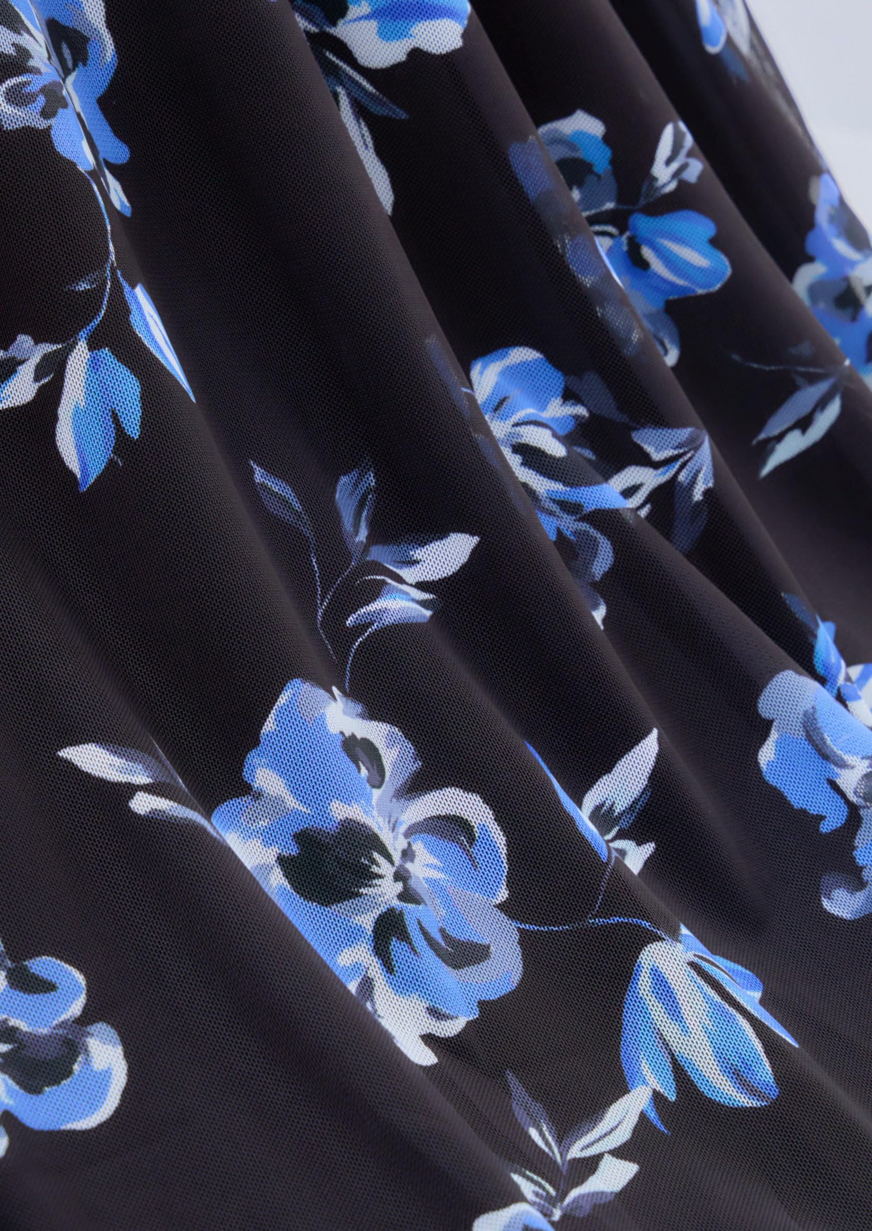 Women's Floral Mesh Midi Dress,Floral Black Blue,S