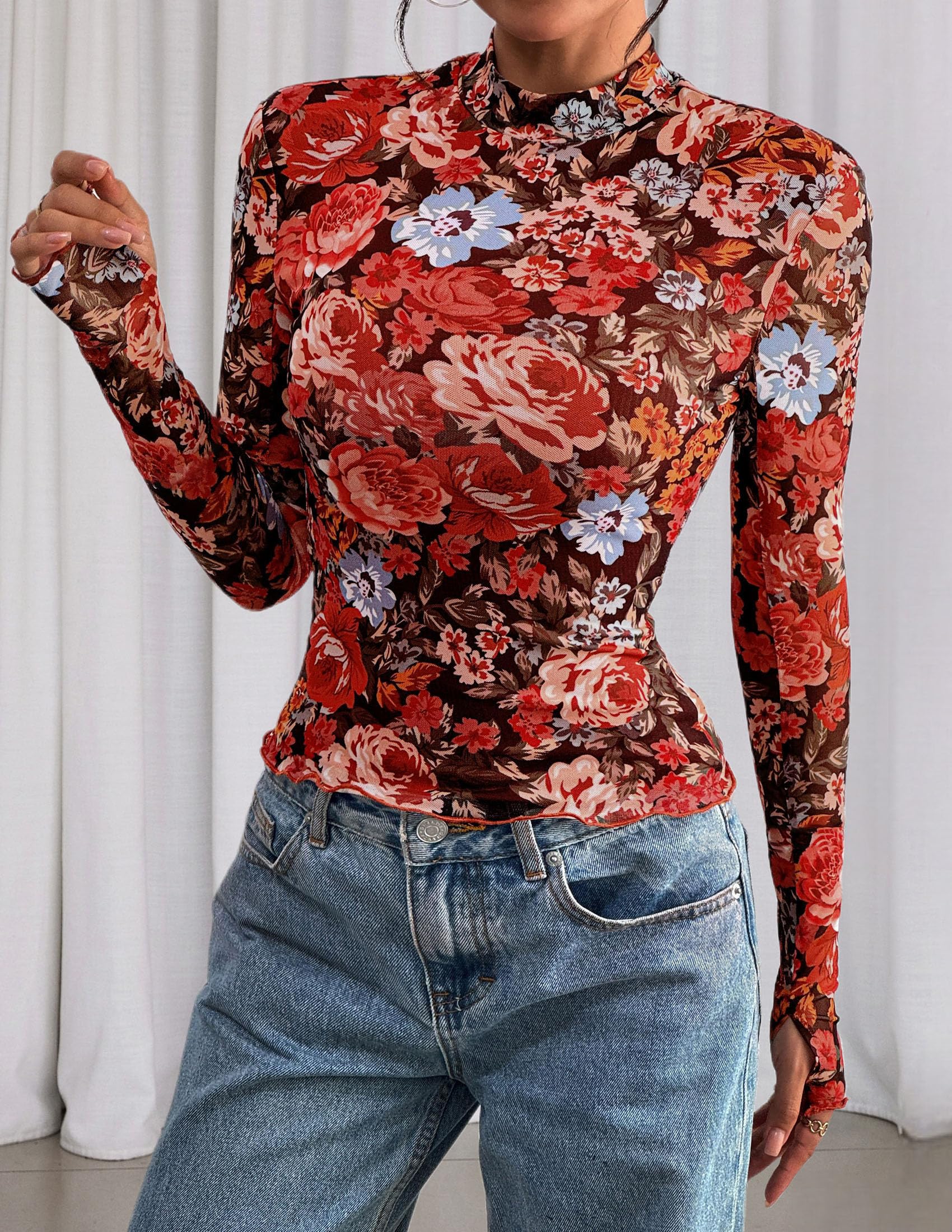 Womens Floral Mesh Long Sleeve Tops Fall Slim Fitted Shirts