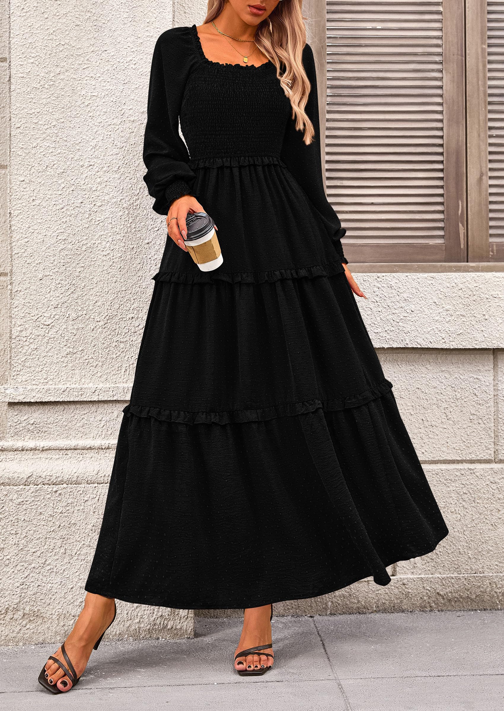 Women's Smocked Long Sleeve Maxi Dress Wedding Guest Dresses
