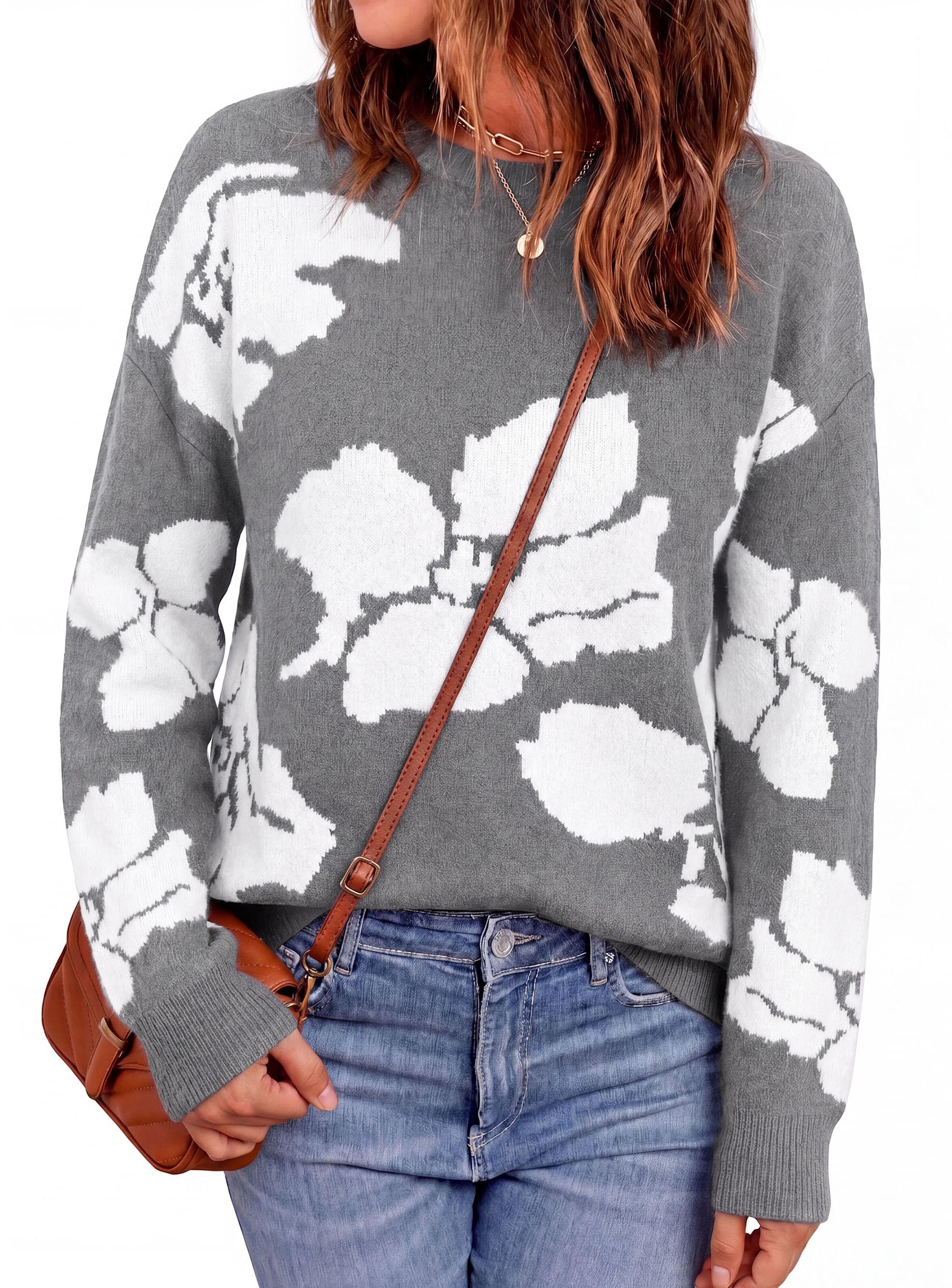 Womens Floral Sweater Crewneck Printed Pullover Tops Grey