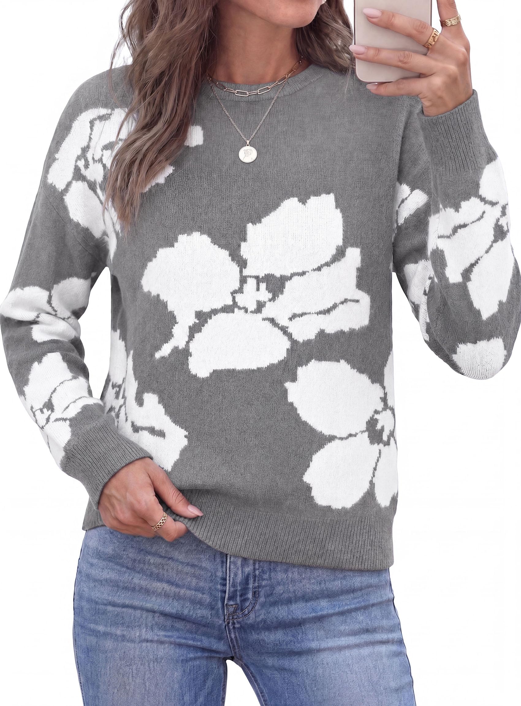 Womens Floral Sweater Crewneck Printed Pullover Tops Grey
